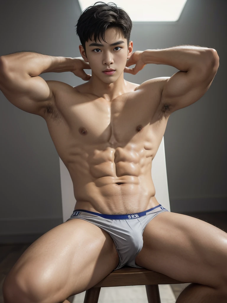 (masterpiece:1.2),18-year-old boy, Asian, Korea, gray panties, erection, abs, sitting on a stool, spread legs, looking at me, ultra-detailed, realistic, portraits, vibrant colors, studio lighting, lifted arms