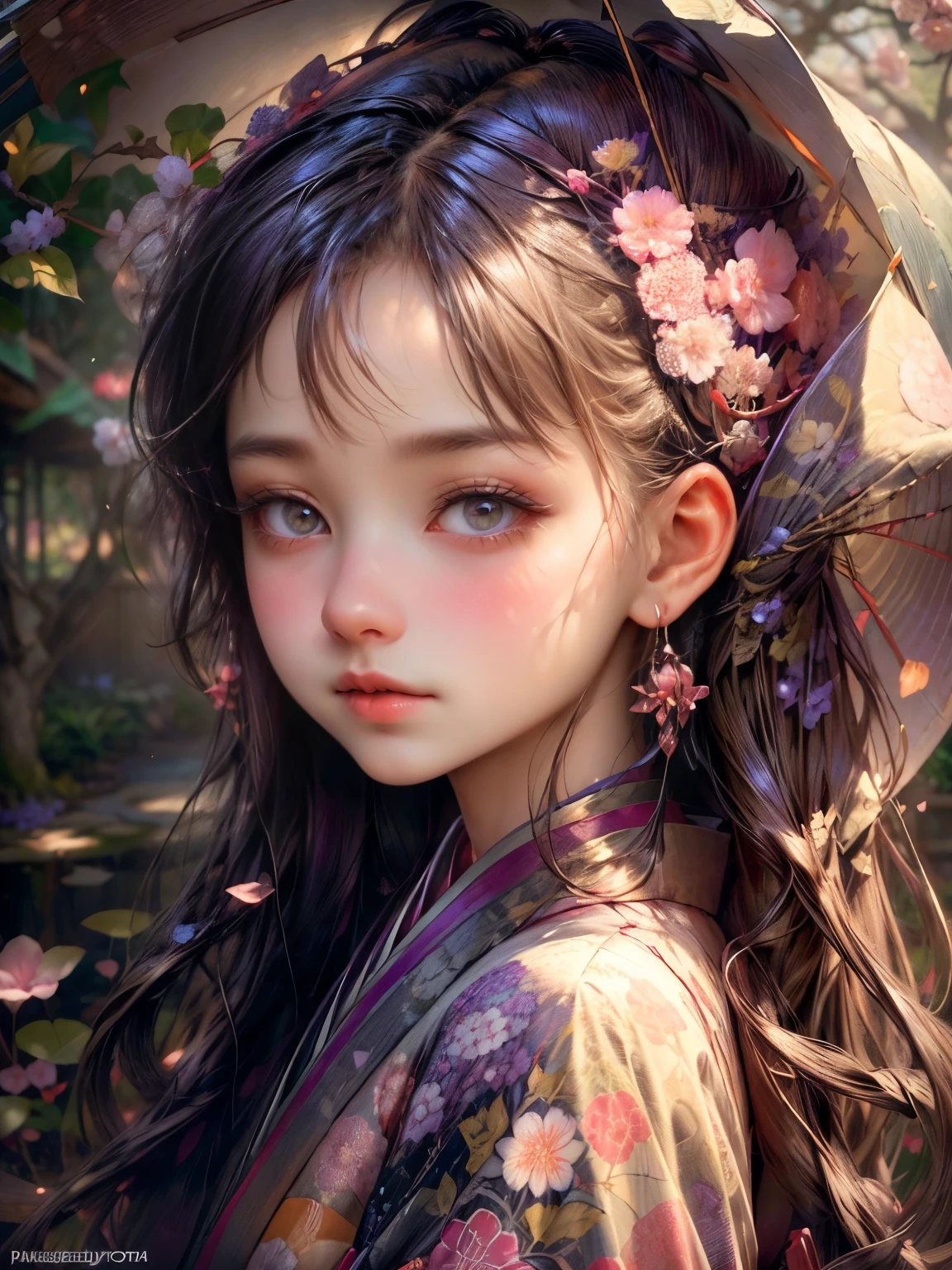 In a garden covered with a canopy of wisteria, a cute girl in a kimono stands gracefully. (best quality:1.8,4k,8k,highres,masterpiece:1.2),ultra-detailed:1.2,(realistic,photorealistic,photo-realistic:1.37) Medium:illustration [Traditional Japanese Art] captures the essence of the scene. The girl has charming almond-shaped eyes, delicate lips, and a serene expression. Her kimono is intricately designed with vibrant colors and floral patterns, reflecting the rich cultural heritage. The garden is filled with blooming wisteria vines, their purple and pink hues creating a dreamy atmosphere. Rays of soft sunlight filter through the foliage, casting enchanting shadows on the ground. The sound of chirping birds and the fragrance of blossoms fill the air, adding to the tranquility of the scene.