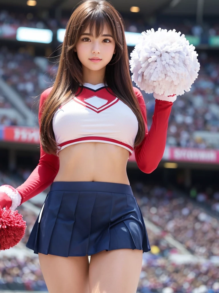 masterpiece, Highest quality, Very detailed, High resolution, (Realistic, photoRealistic:1.37), Excellent anatomy, One beautiful woman, 18-year-old, Height: 152cm, Cheerleader, (Holding a pom-pom in both hands:1.5), A small smile, cheer leading, Cheerleader uniform, (shape), Micro Pleated Mini Skirt, No underwear, ((Very delicate and beautiful)), ((Stadium Background:1.2)), Brown Hair, Long Hair, bangs, Very beautiful face, Cute type, Big Natural Color Lip, Small and cute nose, Big and pretty eyes, Brown eyes, Obvious double, Shiny highlight spots around the eyes, Character Focus, Tilt your head, The best light, Best Shadow, mysterious, Perfect Face, Very detailed, Soft Skin, (Glowing Skin, Sweaty: 1.2), Beautiful feet, Voluptuous thighs, Plump body, Huge , (Expresses the roundness and softness of the chest area.........1), Beautiful body, (The perfect woman), Spread your legs, ((Provocative dynamic pose)), Skirt flip, (ading pussy:1.5)