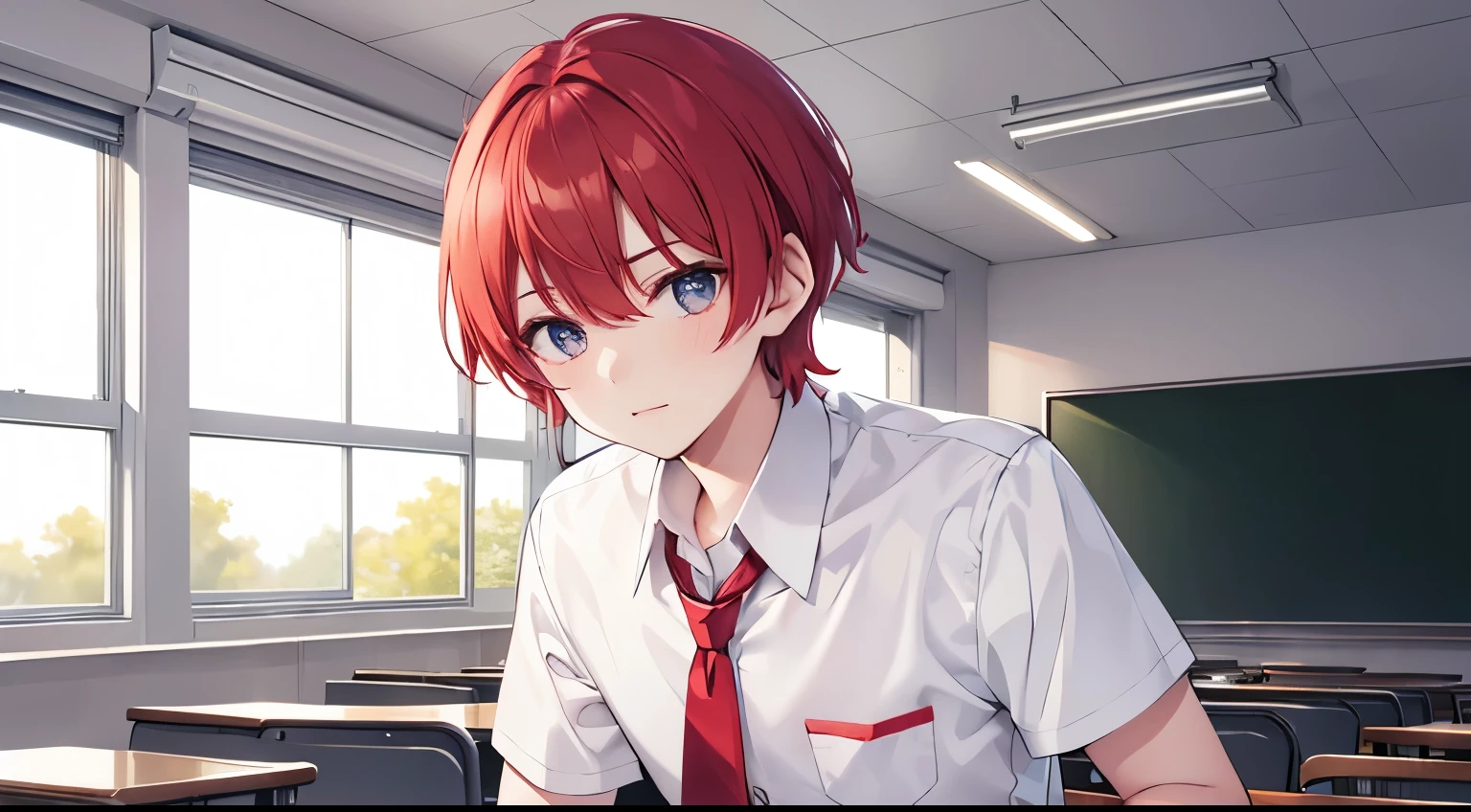A 14 year old boy, He has short red hair. White shirt, red tie and blue pants is in a classroom.
