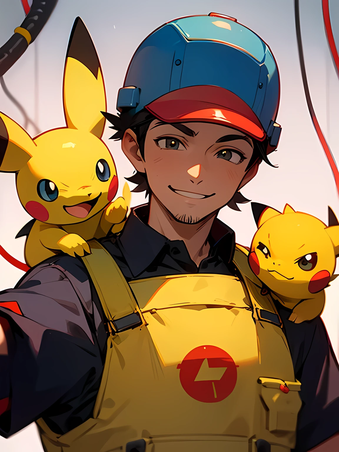 solo,looking at viewer,upperbody,Electrician, 35 years old man,Electricians,wearing work clothes and Helmet,electrical wire inspection,big smile,with pilachu(pokemon)