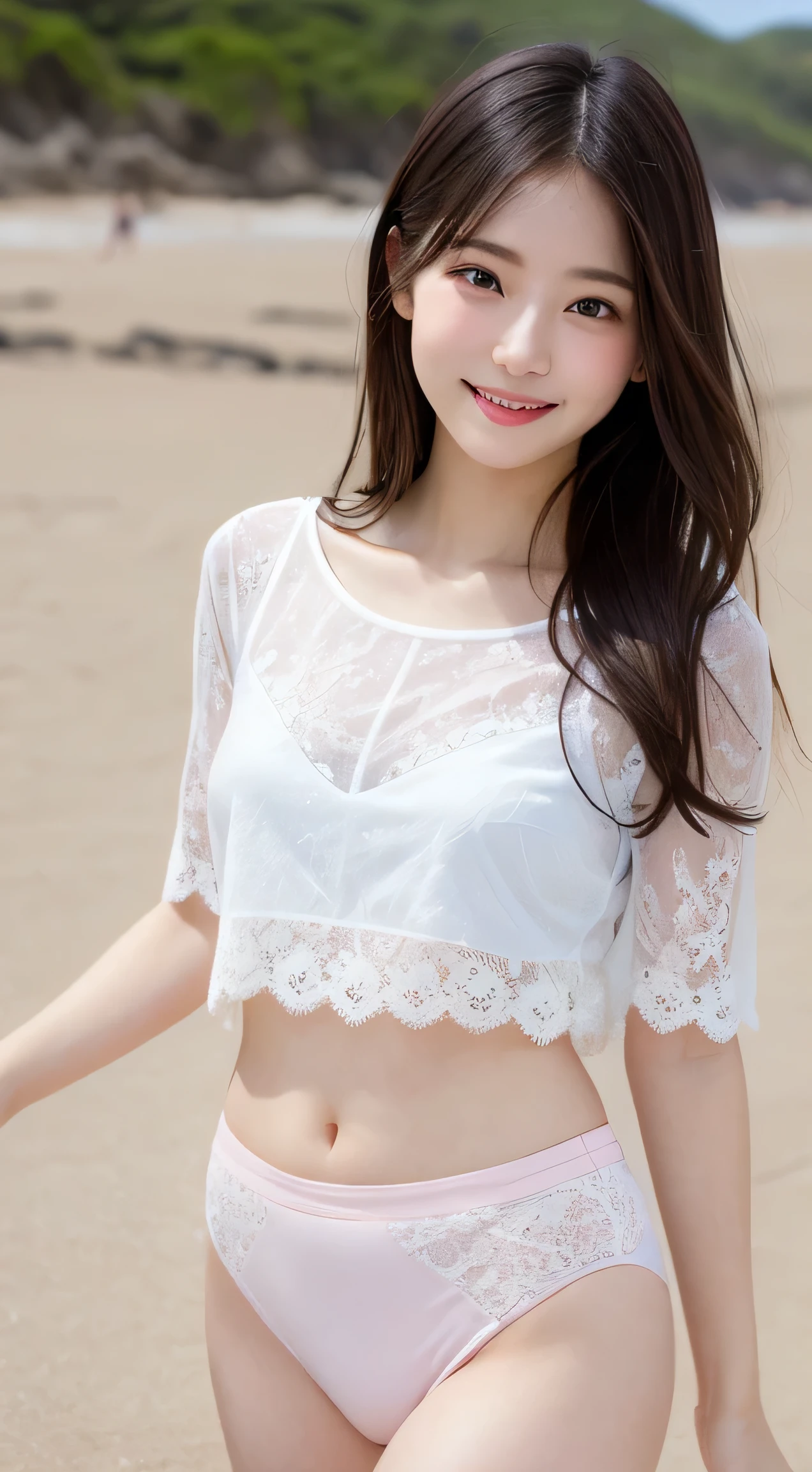 night、Shooting from below、Angle from crotch、Raw photo、(((Ultimate beauty upper body shot)))、((Glowing Skin))、1 girl、Japanese 17 year old beautiful girl、Bright expression、((Very short short hair)) 、White see-through lace dress、Underwear is fully visible、See-through underwear、Pubic hair looks thin、Crotch bite、Random sexy poses、Belly button、Leaning forward、Big , small waist、Thin thighs、Ample Bust、Winking at the viewer、Short sleeve、ツヤツヤGlowing Skin、最high quality、Super detailed、Film Light、Intricate details、High resolution、(((Very detailed))、Detailed Background、8KUHD、Digital single-lens reflex camera、Soft Light、high quality、Shallow depth of field、Natural soft light、Gods、nightのビーチ、Beautiful starry sky