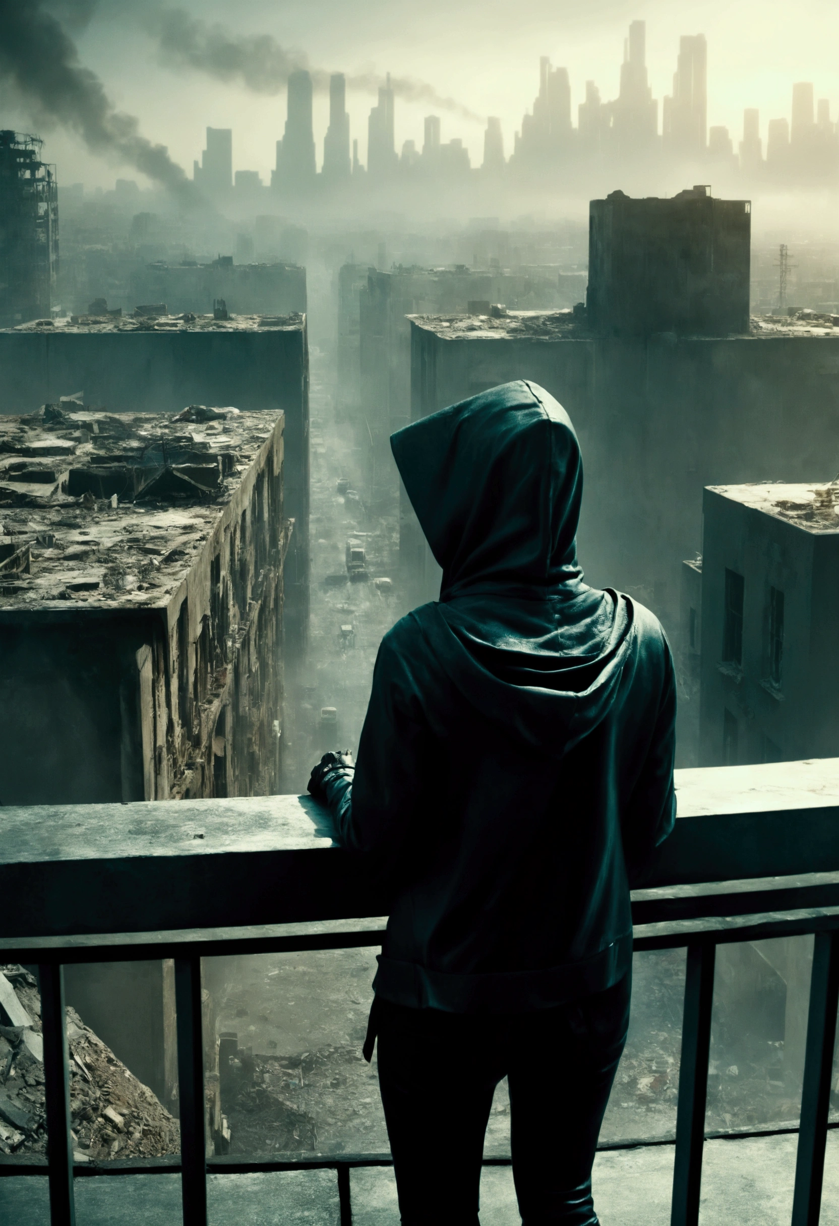 image taken from above and behind the shoulder of a HOODED woman from behind on a second floor balcony of a dilapidated futuristic building, She is looking at an aerial view of an ultrafuturistic North American megalopolis, dthispia, garbage in the streets, dilapidated curved buildings, modern apocalypse, view of the entire city with many wide, cylindrical buildings and metal houses in dark colors, from dark blue to black and in ruins, the apocalyptic city has metallic gray tones, has smoky metal structures , this'it's raining, there are puddles of water in the streets, apocalyptic industrial environment with smoke and fog around, dark cars on the streets, there are wide, long and forked viaducts in the middle of the city, desert megalopolis, modern metal rails and trains passing through the city streets, tall futuristic metal buildings, many ultramodern buildings around, , as realistic as possible, as detailed as possible, PICTURE REALISTIC, Science fiction