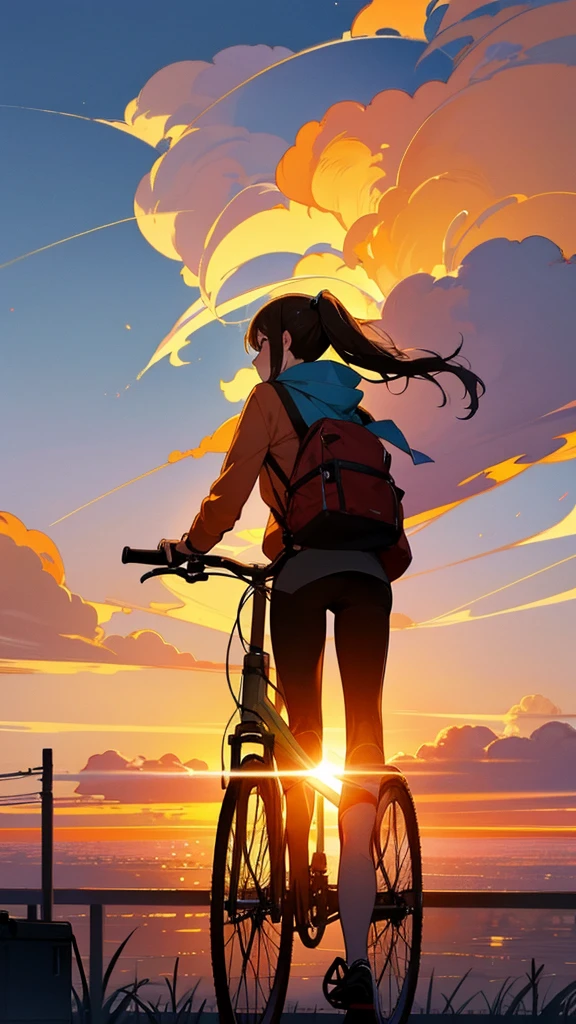believe me an image of a girl with her back and a bicycle looking at the horizon with beautiful clouds of a sunset