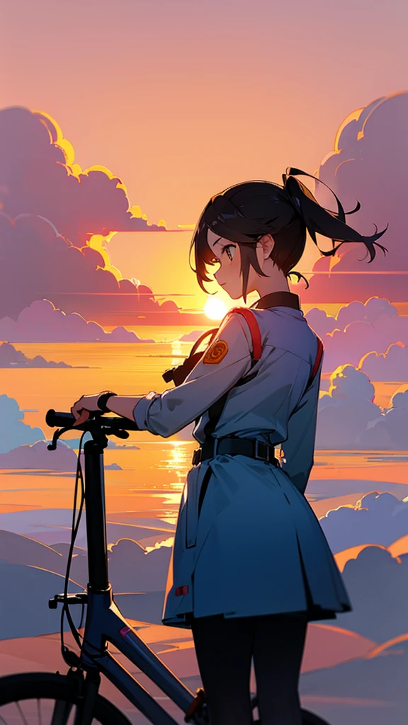 believe me an image of a girl with her back and a bicycle looking at the horizon with beautiful clouds of a sunset
