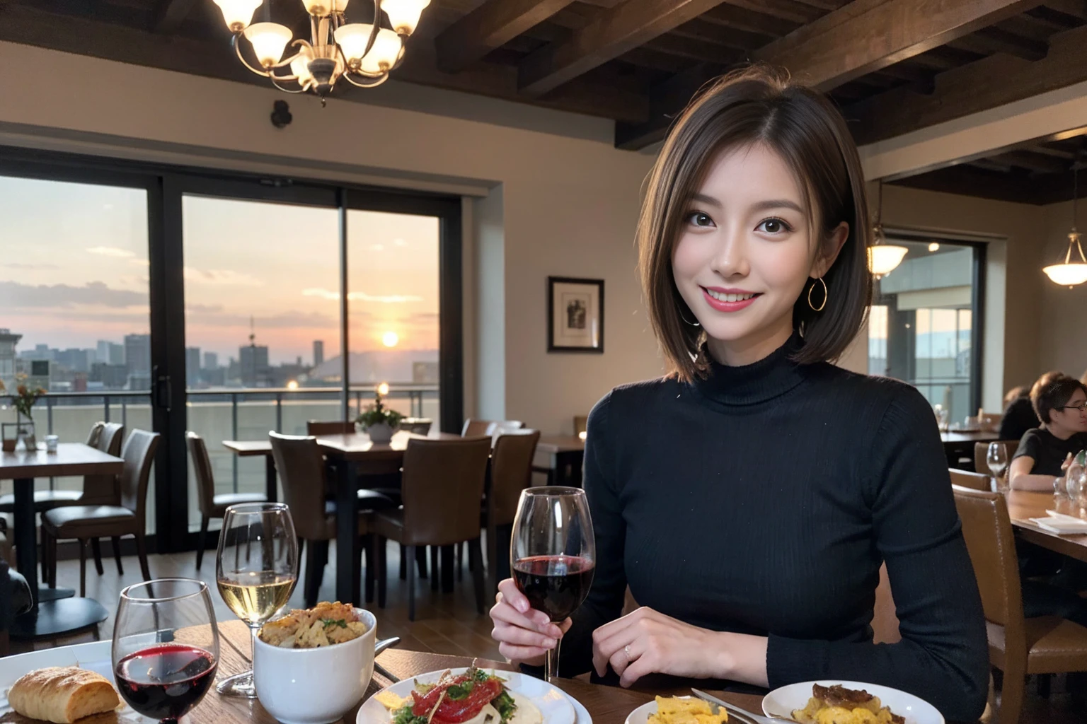 （Realistic:1.1）,(masterpiece,Highest quality)，8k,(49 years old), 53 years old, ベリーslimボディ、slimカップル、Tight waist,Upper Body,full-course dinner、wine 、Amazing view of the sunset sky and clouds、Perfect ???????, Brown Hair, short hair,Random Hairstyles,((Highly detailed face and eyes:1.2))，Perfect golden ratio face，Long sleeve shirt、dress,(smile:1.2)、Shortcuts、cute、(Realistic, Intricate details:1.2), A bright smile、short hair,Bright Face、赤wine 、Appetizers、Italian food、wine bottle、Champagne、スパークリングwine、(slimな顔), (The body is slim), (Brown Hair), (Shortcuts),  Upper Body, 白wine, slim, wineグラス, 