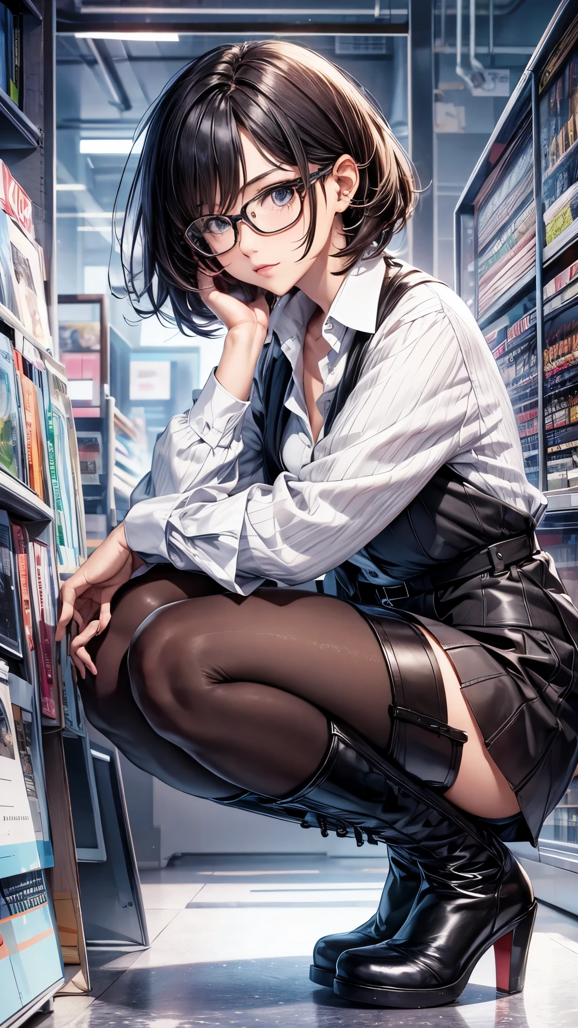 30-year-old woman,Very short hair,Glasses,office casual style,suit,Tight Skirt,pantyhose,((Knee-high long boots)),squatting.