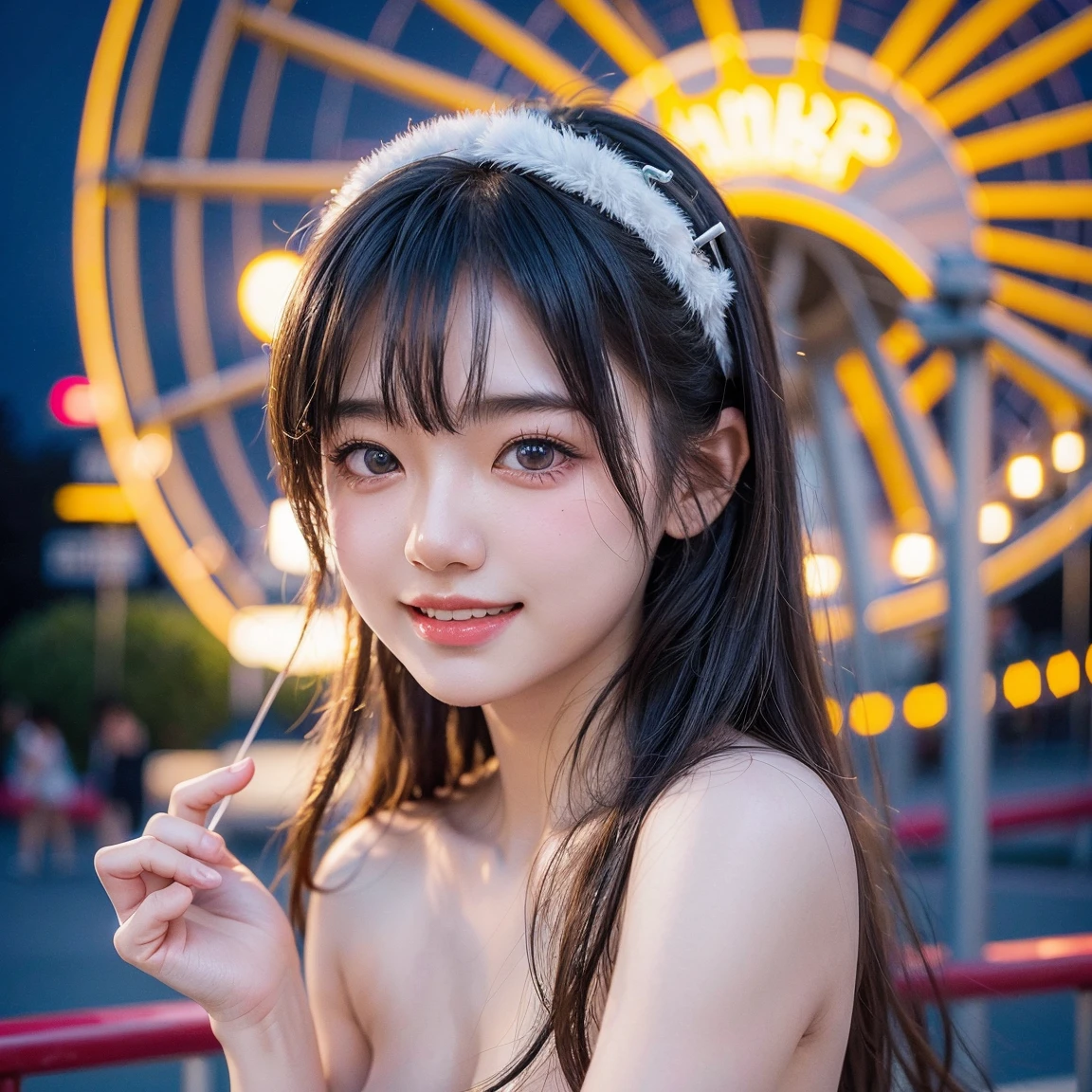 (8k、Highest quality、Ultra-high resolution、masterpiece:1.2)、(Photorealistic:1.4)、(Detailed Skin:1.3)、(Bokeh Depth of Field)、1 girl、(Urzan-6500:1.0)、(Style: 0.8)、Portrait of a cute age girl aged 15、Beautiful 15 year old Japanese girl、Teentail Eye) 、Laughter、(Amusement park at night、Lighting、illumination)、Stayed、happiness、Lots of balloons、Ferris wheel、Merry-go-round、roller coaster、精巧なCG 8k壁紙、Dynamic Angle、Beautiful lighting、Professional Lighting、(Sharp focus)、(naked:1.5)