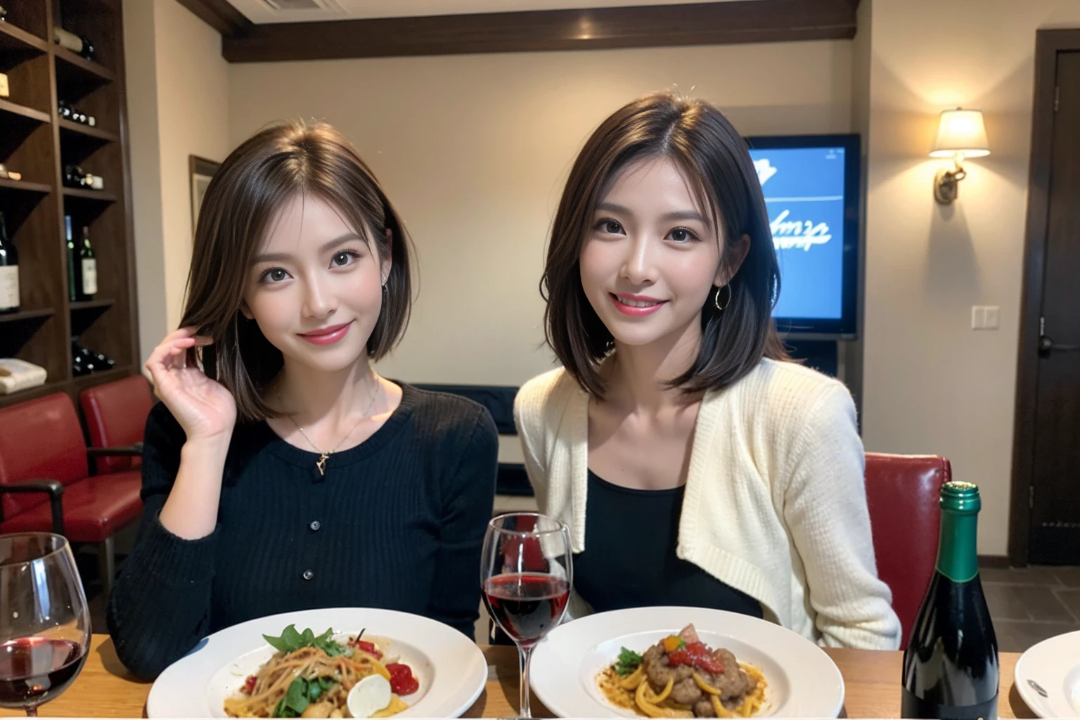 (Realistic:1.1),(masterpiece,Highest quality),8k,(49 years old), 53 years old, ベリーslimボディ、slimカップル、Tight waist,Upper Body,full-course dinner、wine 、Amazing view of the sunset sky and clouds、Perfect Anatomy, Brown Hair, short hair,Random Hairstyles,((Highly detailed face and eyes:1.2)),Perfect golden ratio face,Long sleeve shirt、dress,(smile:1.2)、Shortcuts、cute、(Realistic, Intricate details:1.2), A bright smile、short hair,Bright Face、赤wine 、Appetizers、Italian food、wine bottle、Champagne、スパークリングwine、(slimな顔), (The body is slim), (Brown Hair), (Shortcuts), Upper Body, 白wine, slim, wineグラス,