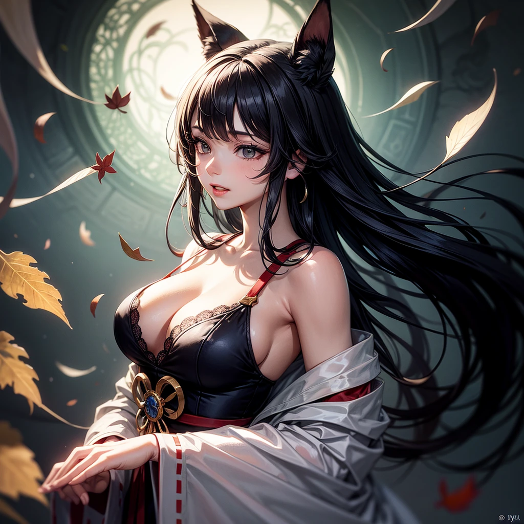 best quality, (masterpiece:1.35), wallpaper, (illustration), The original, (Depth of Field), (1 Girl:1.35), (Solitary), whole body, Dynamic, Delicate face,Mature female, aldult, (old:1.3), Medium breasts, interesting, Happy,Miko costume, lace,Absurdly long hair, Black Hair,Dog Ear Volumetric Lighting, Fallen Leaves, Tyndall effect,