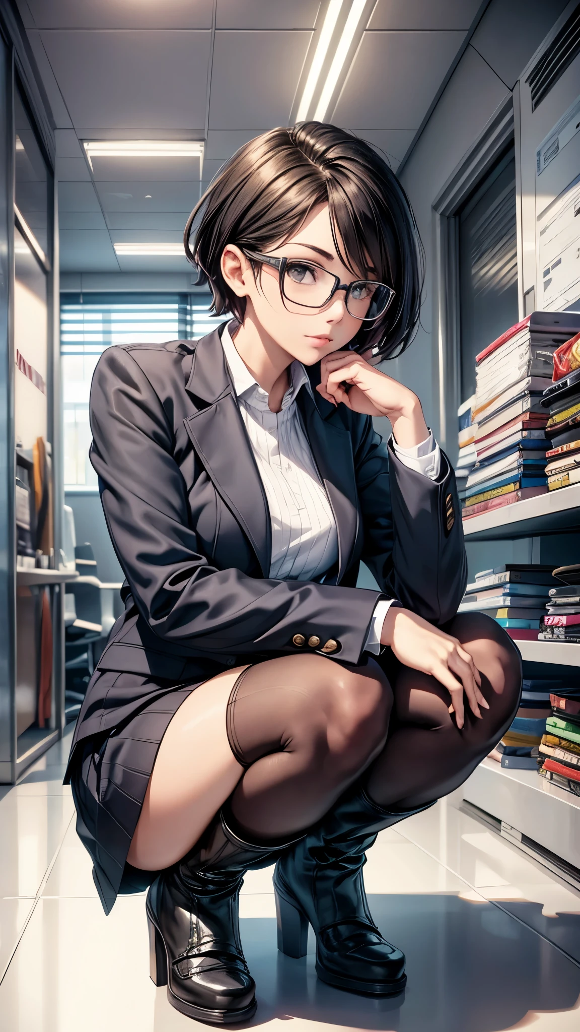 Full body image illustration of "Sarada Uchiha" with short hair, black eyes and red glasses. Next generation. She is wearing businesswoman clothes in front of an office desk and with a large window showing a large metropolis. Lighting the scene dramatically. Artwork. Detailed image. Artistic dedication. Creative mix, thought-provoking composition. Top-down perspective. Female Athletic