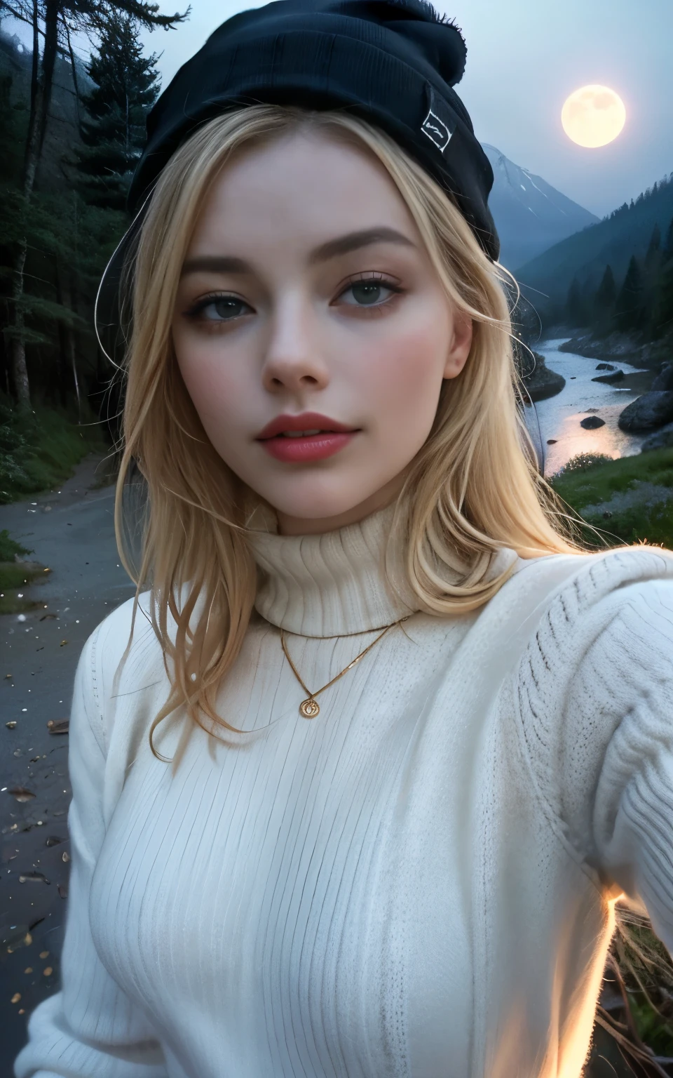 Margot Robbie, photorealistic, best quality, hyper detailed, beautiful woman, selfie photo, upper body, solo, wearing pullover, outdoors, (night), mountains, real life nature, stars, moon, (cheerful, happy), sleeping bag, gloves, sweater, beanie, flashlight, forest, rocks, river, wood, smoke, fog, clear sky, analog style, looking at viewer, skin texture, film grain, close up, ultra high res, best shadow, RAW, instagram LUT