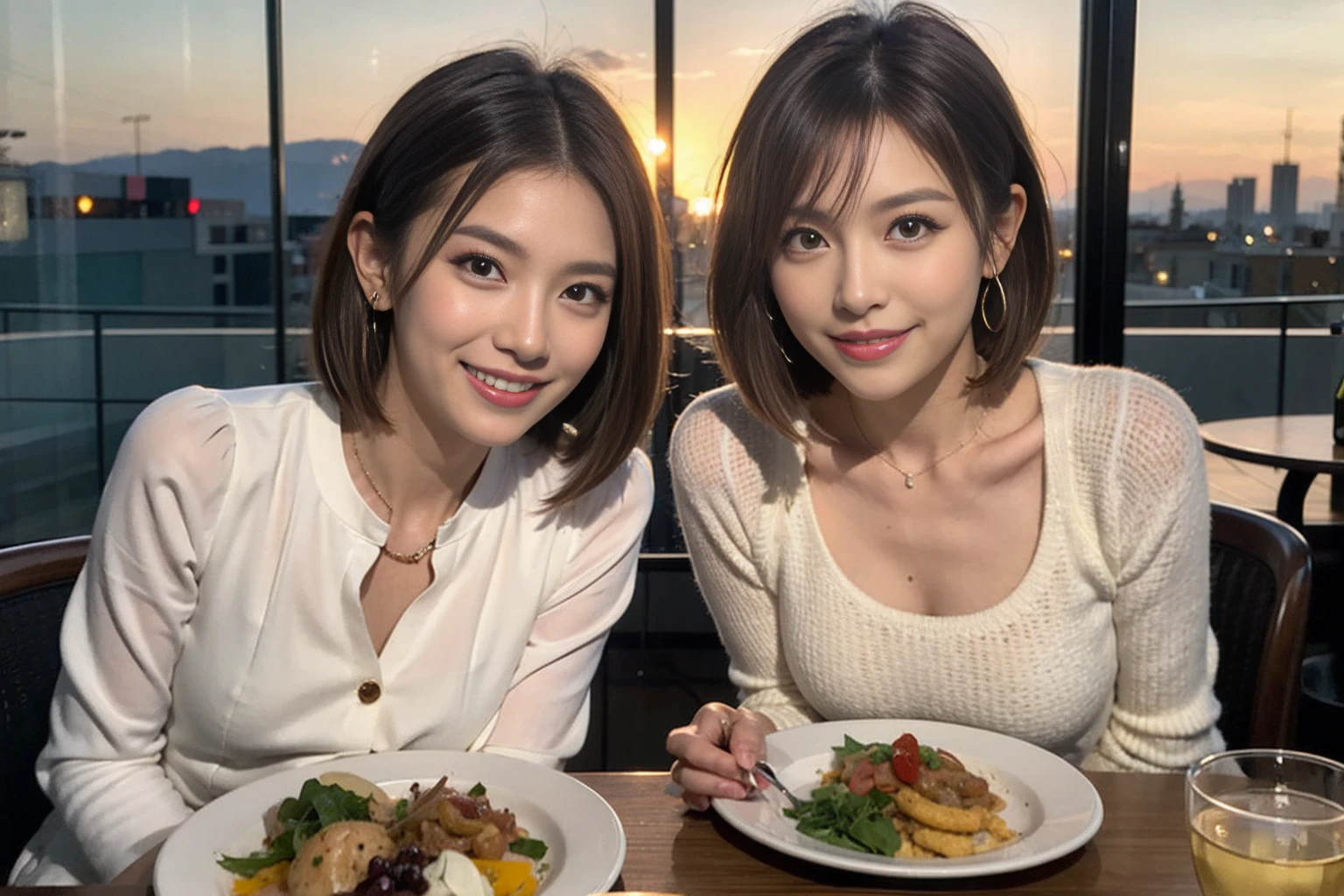 （Realistic:1.1）,(masterpiece,Highest quality)，8k,(49 years old), 53 years old, ベリーslimボディ、slimカップル、Tight waist,Upper Body,full-course dinner、wine 、Amazing view of the sunset sky and clouds、Perfect Anatomy, Brown Hair, short hair,Random Hairstyles,((Highly detailed face and eyes:1.2))，Perfect golden ratio face，Long sleeve shirt、dress,(smile:1.2)、Shortcuts、cute、(Realistic, Intricate details:1.2), A bright smile、short hair,Bright Face、赤wine 、Appetizers、Italian food、wine bottle、Champagne、スパークリングwine、(slimな顔), (The body is slim), (Brown Hair), (Shortcuts),  Upper Body, 白wine, slim, wineグラス, 