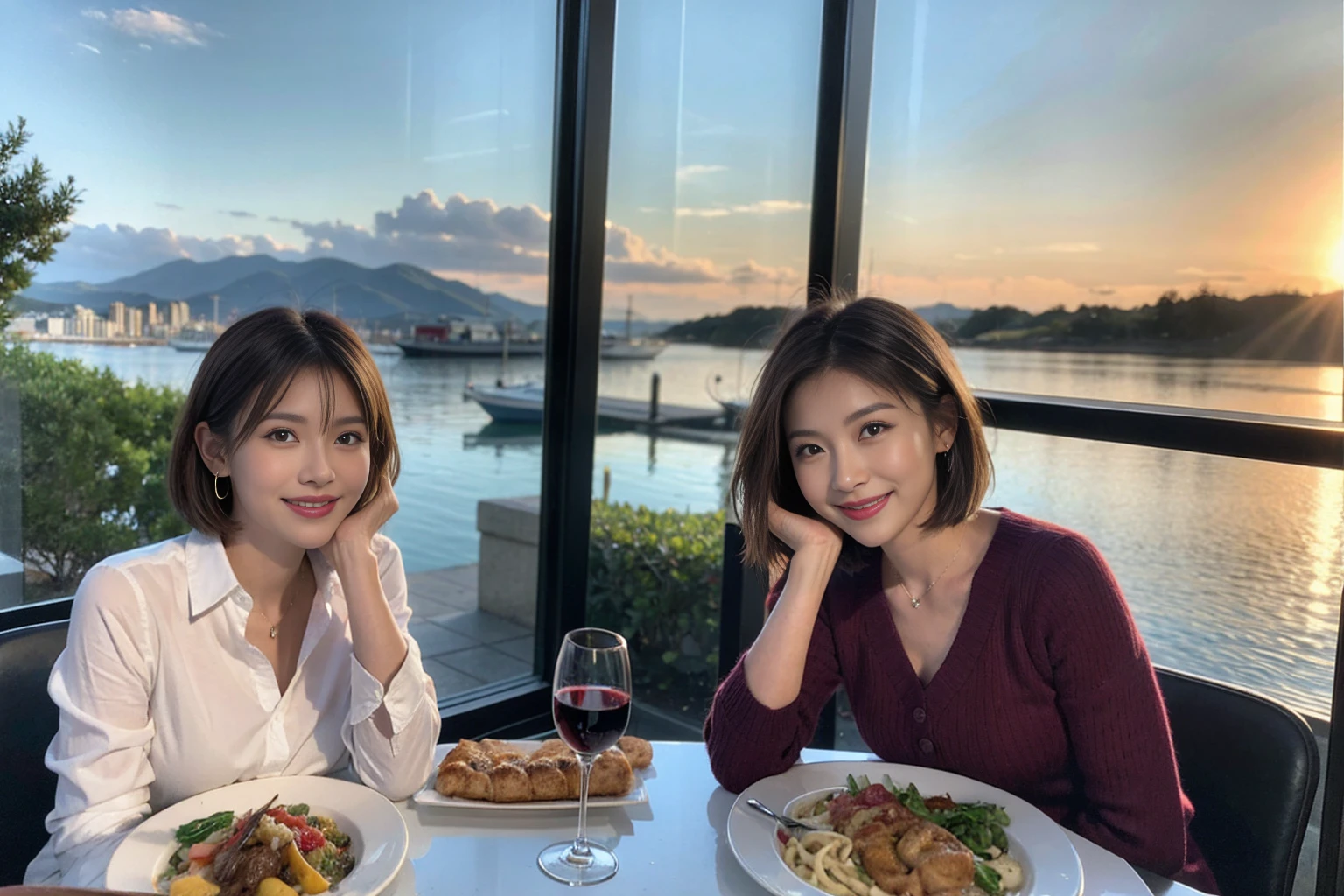 (Realistic:1.1),(masterpiece,Highest quality),8k,(49 years old), 53 years old, ベリーslimボディ、slimカップル、Tight waist,Upper Body,full-course dinner、wine 、Amazing view of the sunset sky and clouds、Perfect Anatomy, Brown Hair, short hair,Random Hairstyles,((Highly detailed face and eyes:1.2)),Perfect golden ratio face,Long sleeve shirt、dress,(smile:1.2)、Shortcuts、cute、(Realistic, Intricate details:1.2), A bright smile、short hair,Bright Face、赤wine 、Appetizers、Italian food、wine bottle、Champagne、スパークリングwine、(slimな顔), (The body is slim), (Brown Hair), (Shortcuts), Upper Body, 白wine, slim, wineグラス,