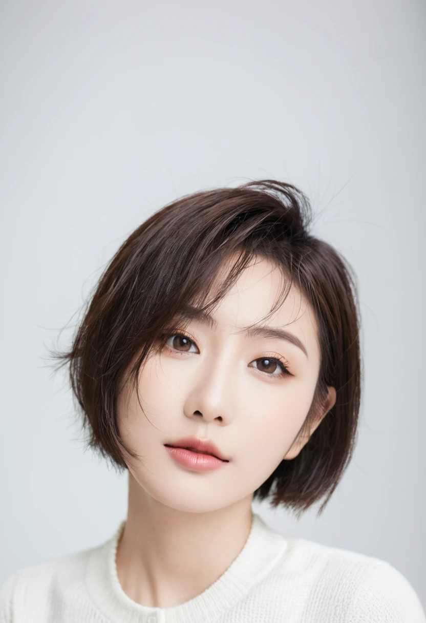 beautiful Japanese woman with short hair , white background
