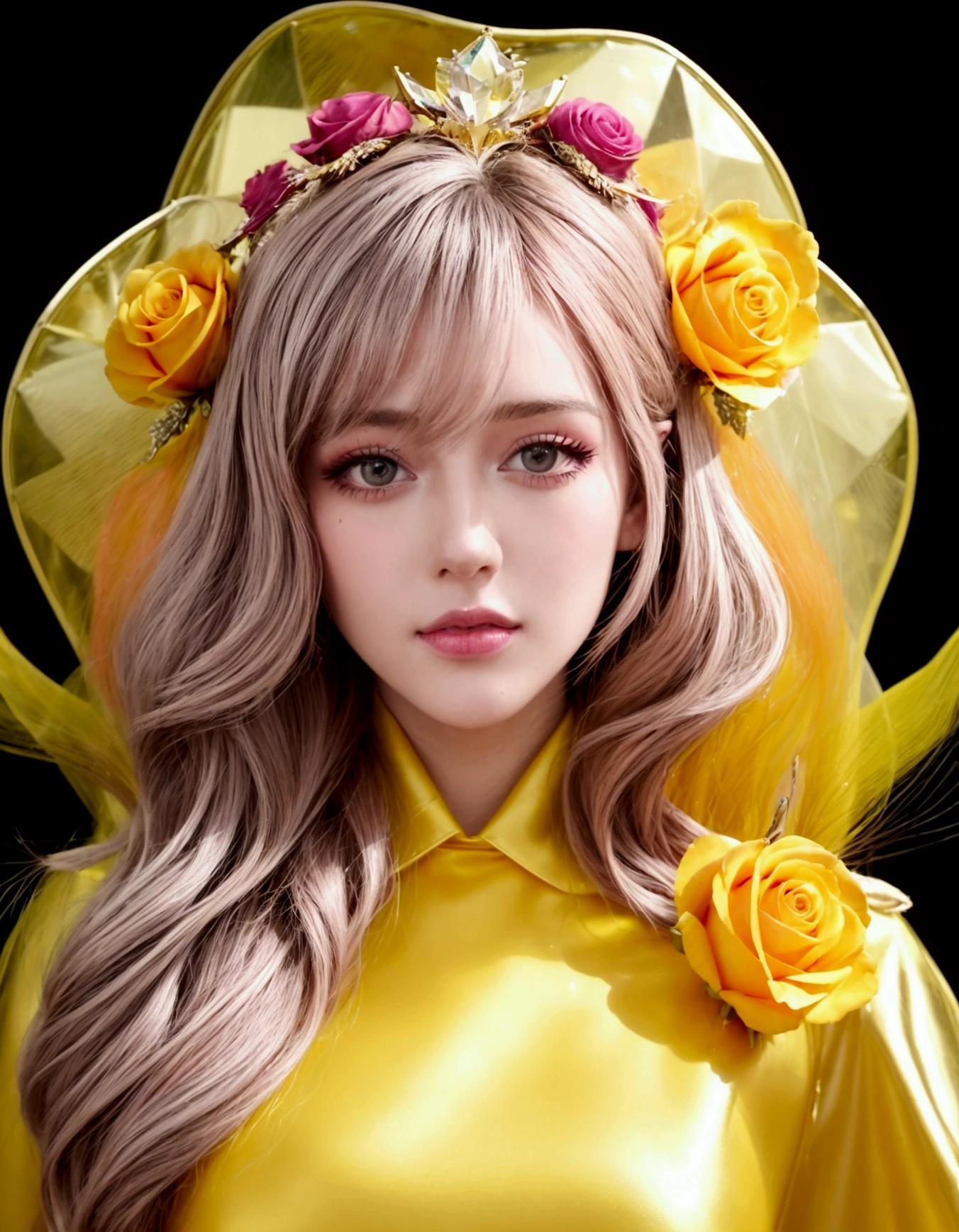 la mode des années 2010, une femme aux cheveux roses posant, dans le style du jaune et de l&#39;ambre, pop conceptuelle, portraits prismatiques, féerique, portrait pensif, détail accrocheur, licornecore