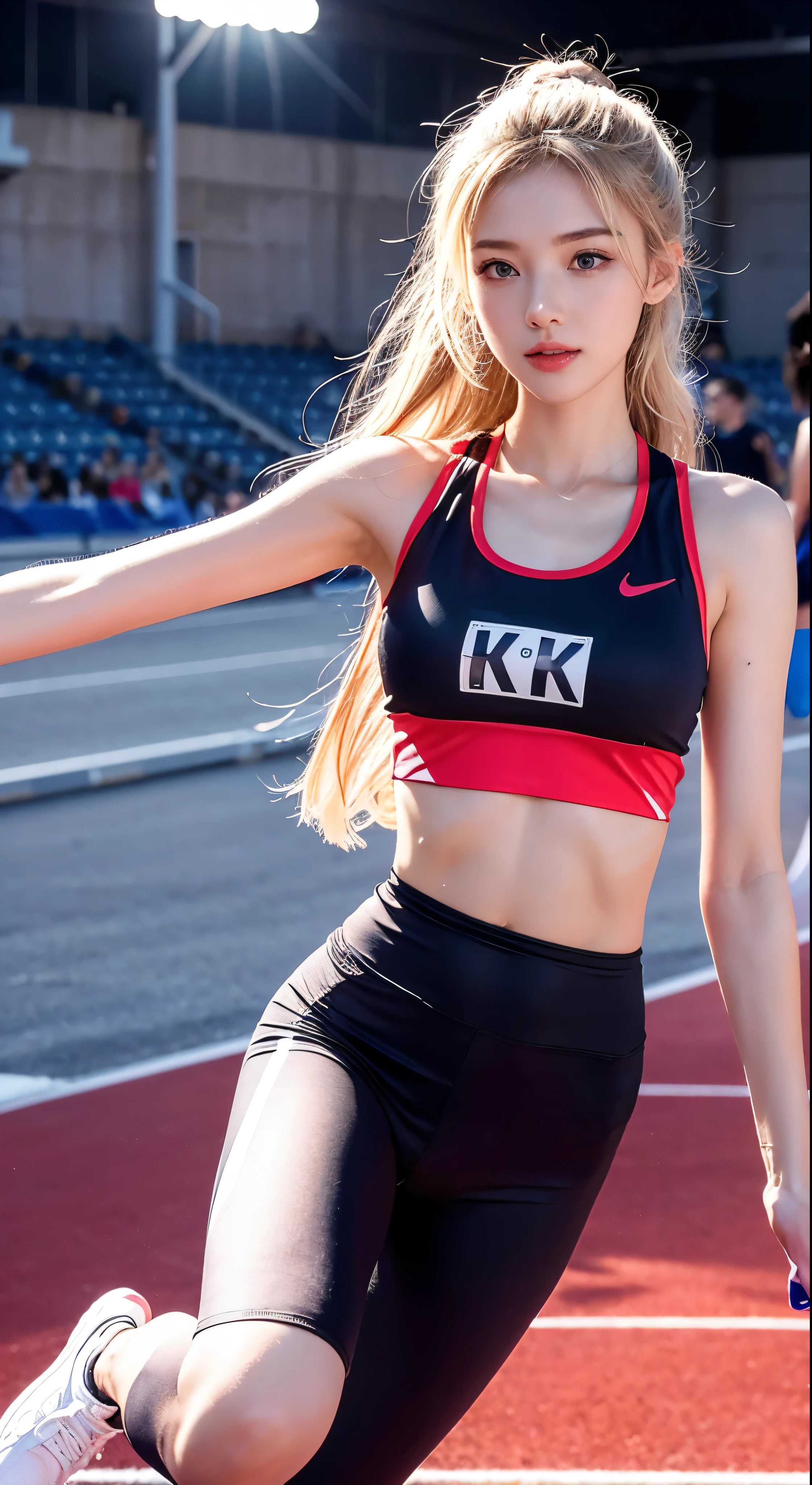 with high definition images，Long jumper，Olympian images　((Highest quality、8k、Masterpiece:1.3))、Full Body、Cheering from the audience、Outstanding beauty:1.4、Slender Abs:1.2、(Blonde:1.2))、Black tank top and leggings、The bib number is written in red on a white background.，Long jumper，Highly detailed athletics track、Facial details、Full body high quality images