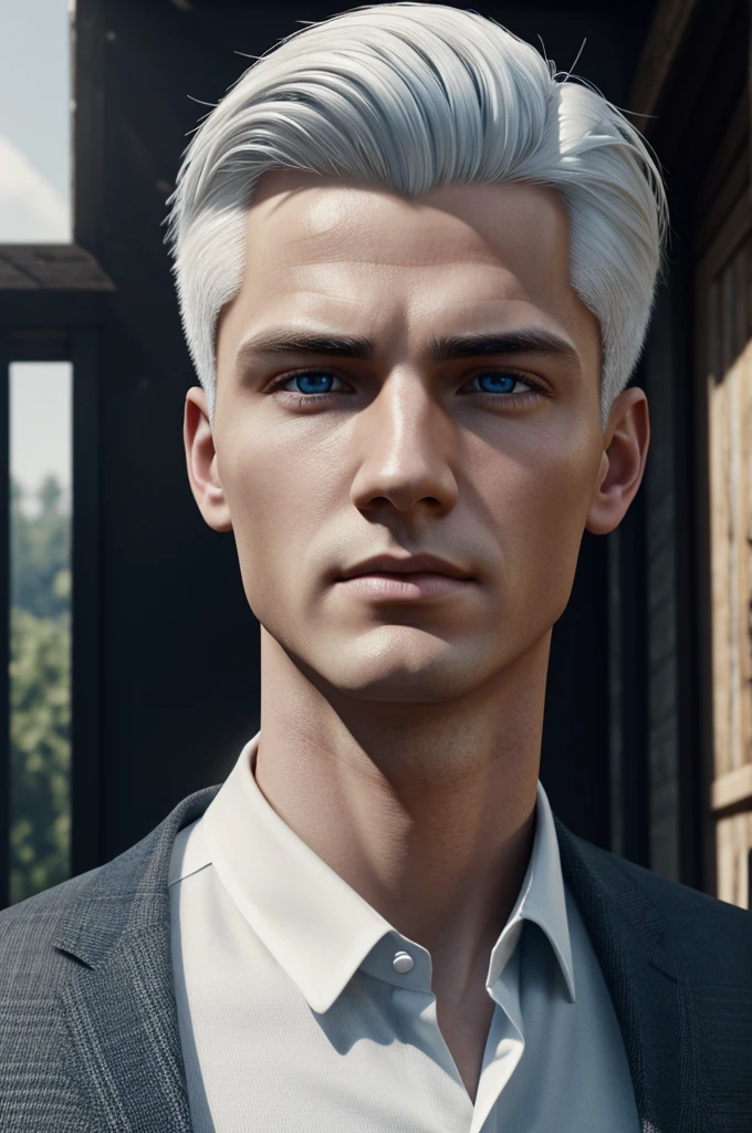 1 boy, adult, elegant, perfect face, detailed eyes and face, shaved, muscular, capturing a rural atmosphere, dynamic lighting, Unreal Engine 5, high definition image, businessman, white hair, short hair, blue eyes, white skin