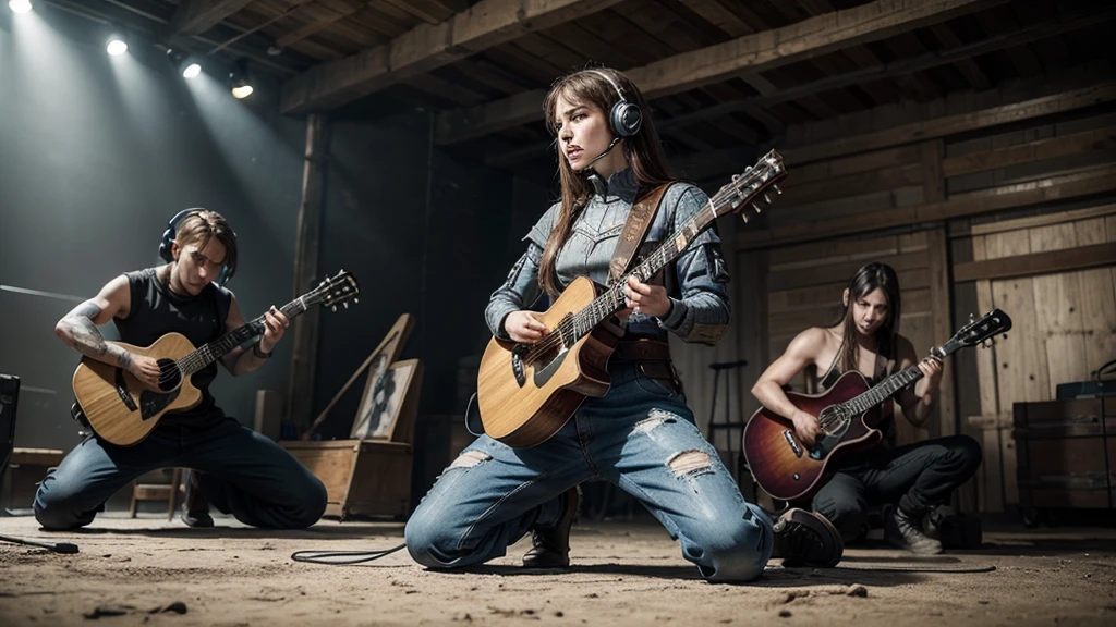 battlefield between medieval warriors, wearing headphones and fighting with guitars