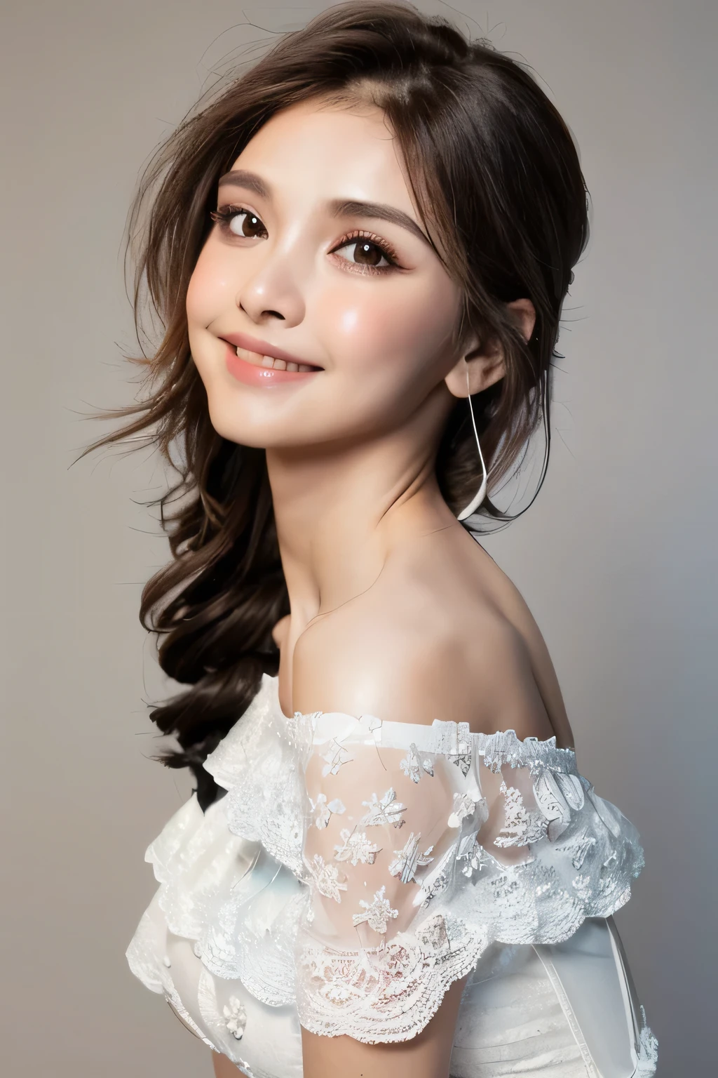 ((Highest quality, 8k, masterpiece: 1.3)), sharp: 1.2, Perfect Body Beauty: 1.6, ((Layered Hairstyles, Big Breasts: 2.0)), (white and long legs: 2.0), (white lace dress: 2.0, Off-the-shoulder dress: 2.0, Dresses with visible breasts: 2.0), ((long hair: 2.0)), ((necklace)), Earrings, ring, Bracelet, Hair Accessories, ((Beautiful young ager woman)), ((Straight nose)), (Eyeliner), Armpit Hair, Bristles, ((White and beautiful skin)), Wavy Hair, Beautiful attention to detail, Super detailed, Highly detailed face and skin texture, fine grain, double eyelid, Black Hair, Big Ass, Lower Body, Thighs, (((Skinny))), Wet and shiny lips, smile, Get a grip on your body, ((Anatomically correct human body)), ((Crisp body shape)), Ribs, clavicle, Protruding skeleton, A face without nasolabial folds, Shyness, Thin eyebrows, Big eyes, (shoot from side: 1.0), (Narrow shoulders: 2.0), (Smile: 1.0), (One arm raised: 1.0)
