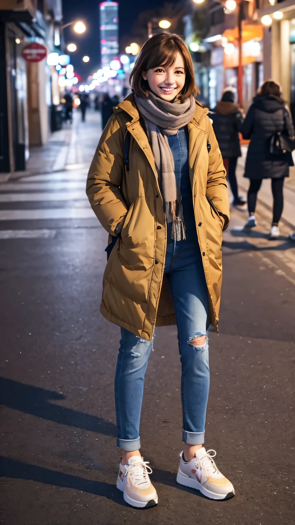 A woman wearing a down coat、Jeans and sneakers、Scarf around the neck、Full body photo、Are standing、Brown hair short cut、、smile、Background is a park at night。.