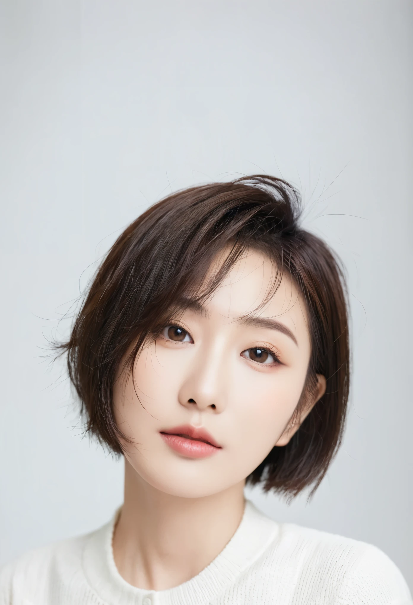 beautiful Japanese woman with short hair , white background
