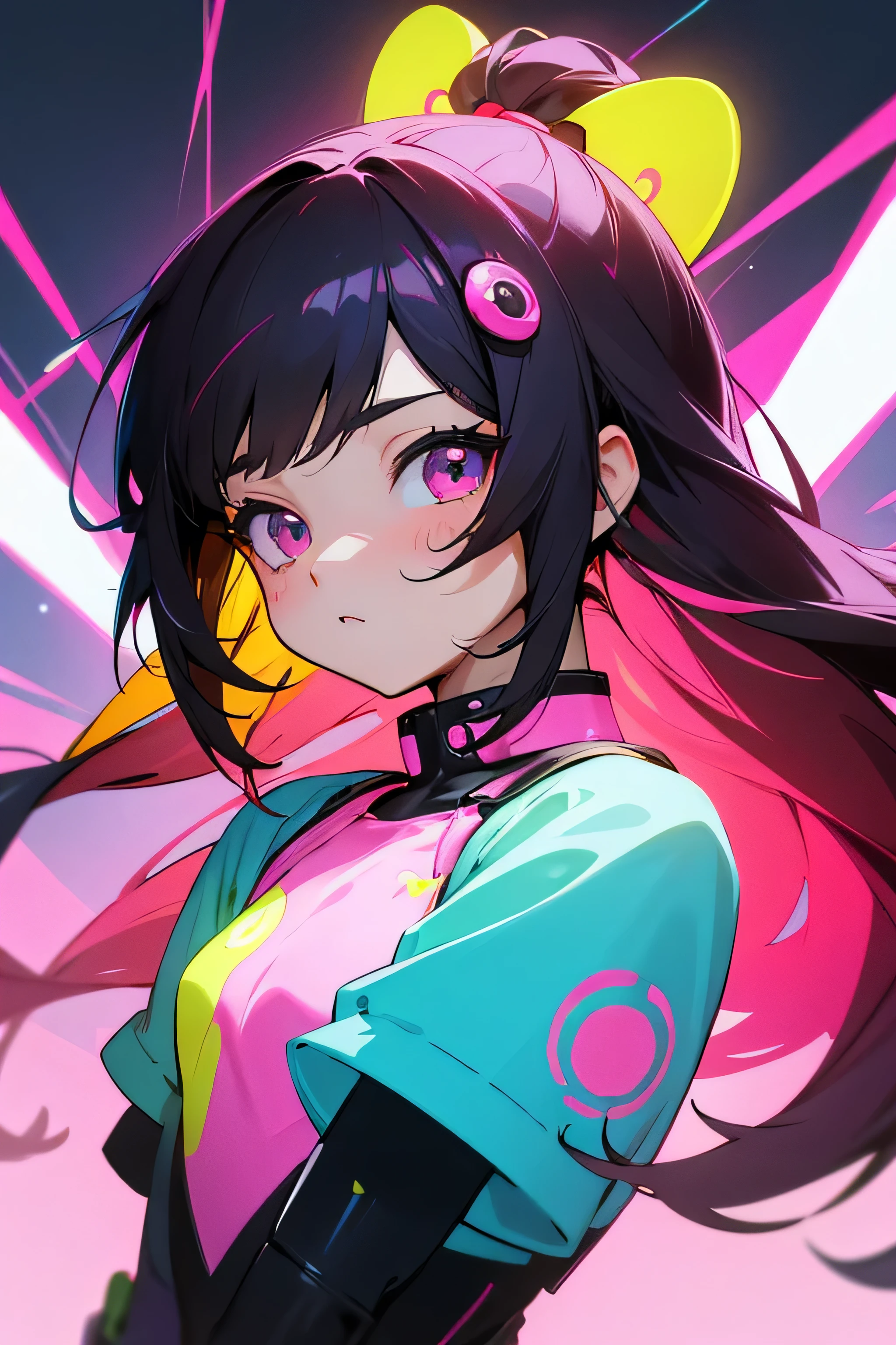 vibrant art,pop、Ablaze、colorfully, 1 female, dark hair, long hair、glad,cute, animation style, kawaii, clearly, colorfully cyberpunk, bubblegum pop, cute、Yellow pink and light blue as main colors, I'm cheering loudly、 Wearing Headphones、earphone、Bell、Bell, tropical,