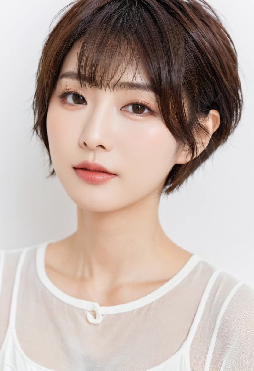 beautiful Japanese woman with short hair , white background