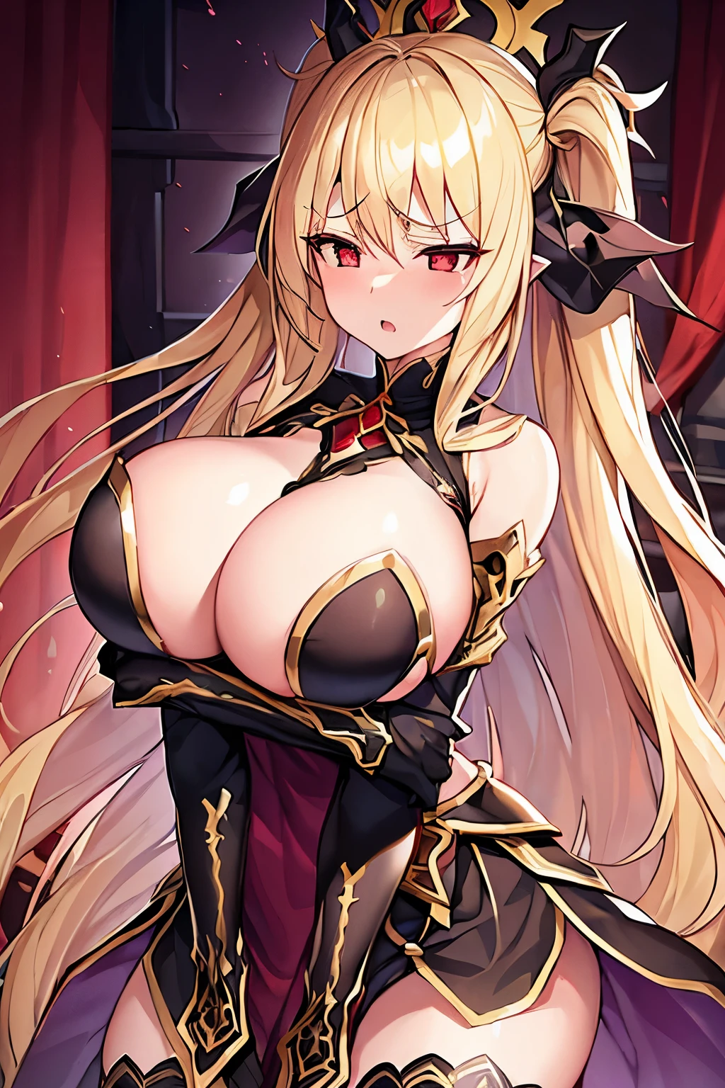 1 girl、Blonde、Long Hair、Fantasy、goddess、Black clothing、Complicated costumes、Gold decoration、(Aggressive design)、Sleeves that cling to the arms、Bigger breasts、Expose、Shameless、Provocative、Fan、Lust、((Expression of agony))、(sexual excitement)、Red Eyes of Nothingness、Devil horns、bluff