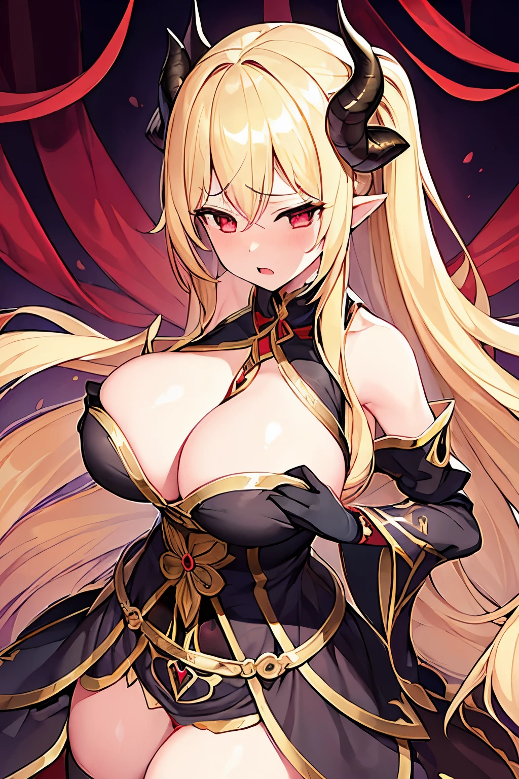 1 girl、Blonde、Long Hair、Fantasy、goddess、Black clothing、Complicated costumes、Gold decoration、(Aggressive design)、Sleeves that cling to the arms、Bigger breasts、Expose、Shameless、Provocative、Fan、Lust、((Expression of agony))、(sexual excitement)、Red Eyes of Nothingness、Devil horns、bluff