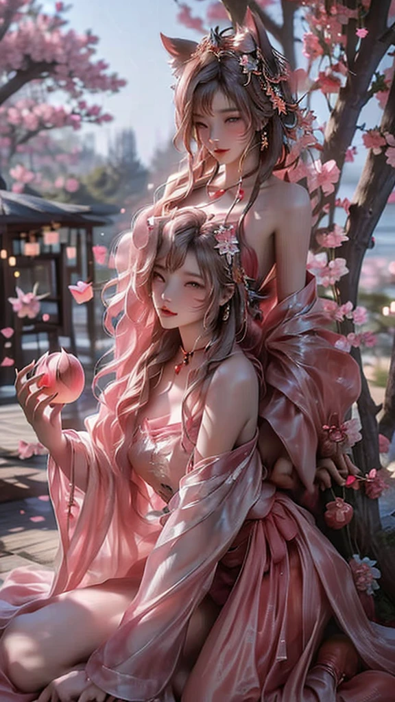 best quality,masterpiece,Ultra-high resolution,(photoactual:1.4),,Peach blossom tree（background）,20 years old ,Peach Blossom Goddess（Japanese Girls）,Long hair with a shawl,close eyes,Sexy body,Big breasts,Wearing a peach blossom strapless skirt,坐在Peach blossom tree上,Kissing a peach in hand,