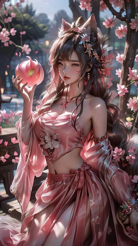 best quality,masterpiece,Ultra-high resolution,(photoactual:1.4),,Peach blossom tree(background),20 years old ,Peach Blossom Goddess(Japanese Girls),Long hair with a shawl,close eyes,Sexy body,Big breasts,Wearing a peach blossom strapless skirt,坐在Peach blossom tree上,Kissing a peach in hand,