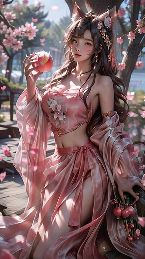 best quality,masterpiece,Ultra-high resolution,(photoactual:1.4),,Peach blossom tree(background),20 years old ,Peach Blossom Goddess(Japanese Girls),Long hair with a shawl,close eyes,Sexy body,Big breasts,Wearing a peach blossom strapless skirt,坐在Peach blossom tree上,Kissing a peach in hand,