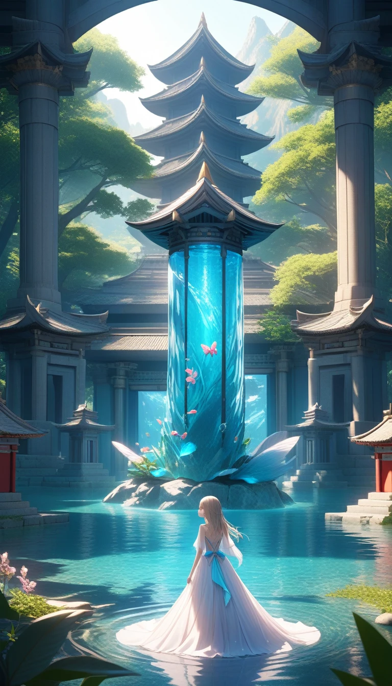 (16k), (ultra-highest resolution), (ultra-highest quality), (Very detailed), (Very fine textures and colors), (Very clear), (Accurate and natural composition), fantasy style, The Spirit of Water, One cute girl, Clear and beautiful skin, Transparent and mysterious dress, Mysterious temple with a beautiful spring, (Accurate background), (Natural light and shadow), (Accurate human anatomy)
