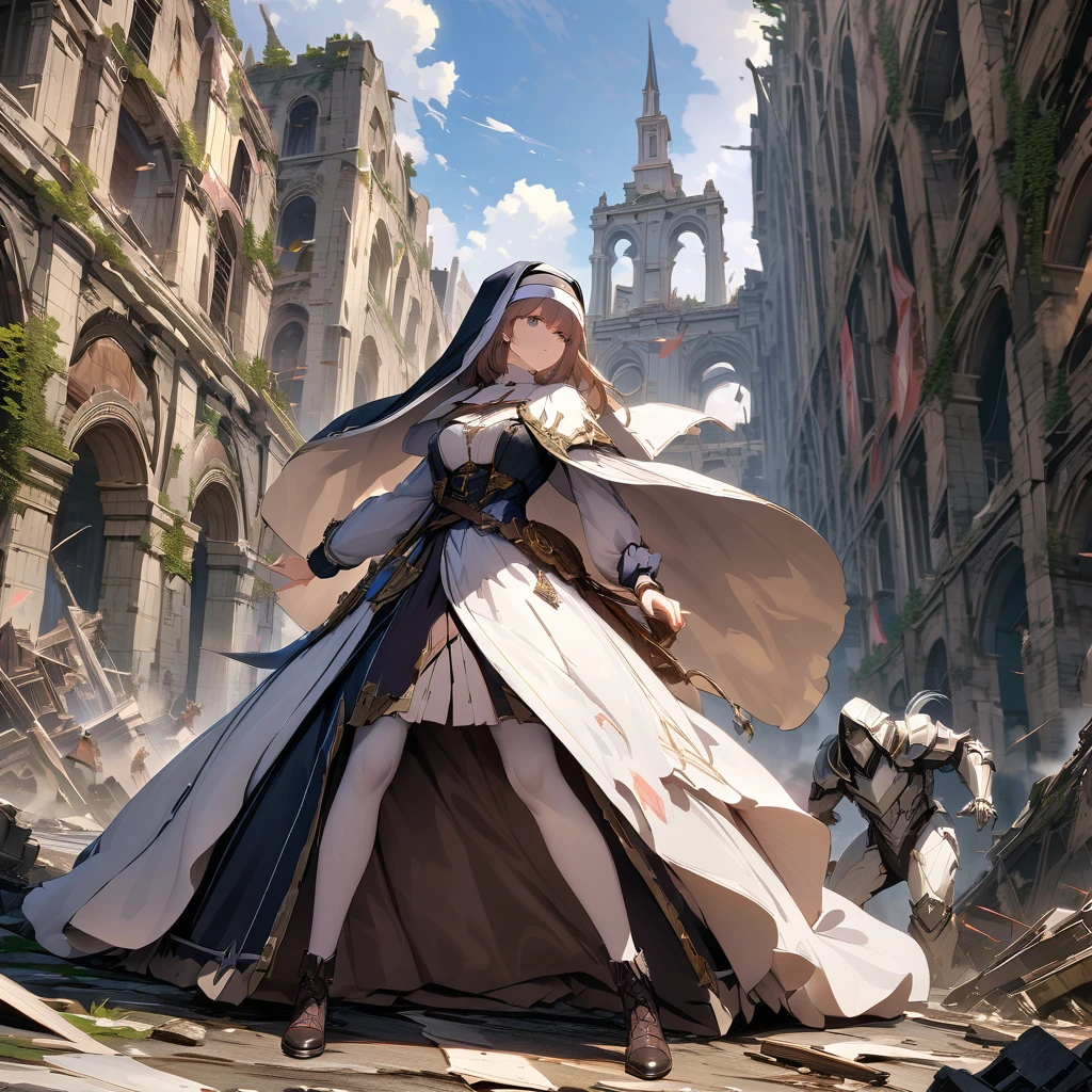Nun fighting a white monster, ruins, detailed background, detailed depiction, 4K, UHD, absurd, ultra-high quality, masterpiece,