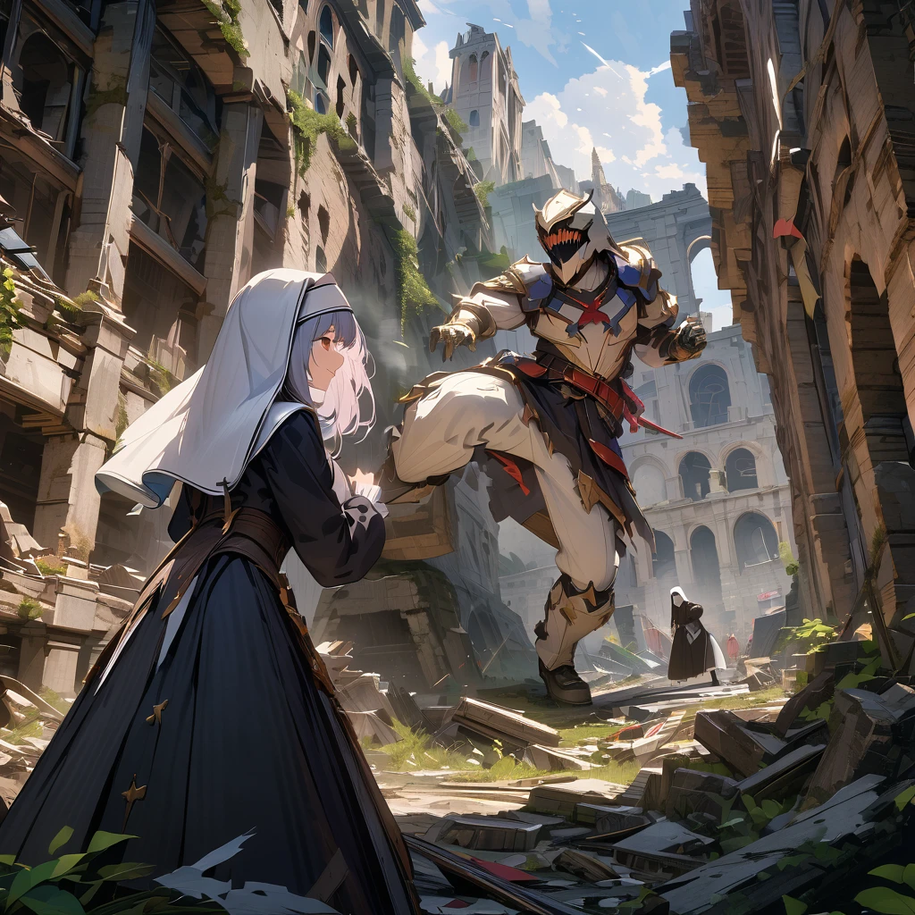 Nun fighting a white monster, ruins, detailed background, detailed depiction, 4K, UHD, absurd, ultra-high quality, masterpiece,