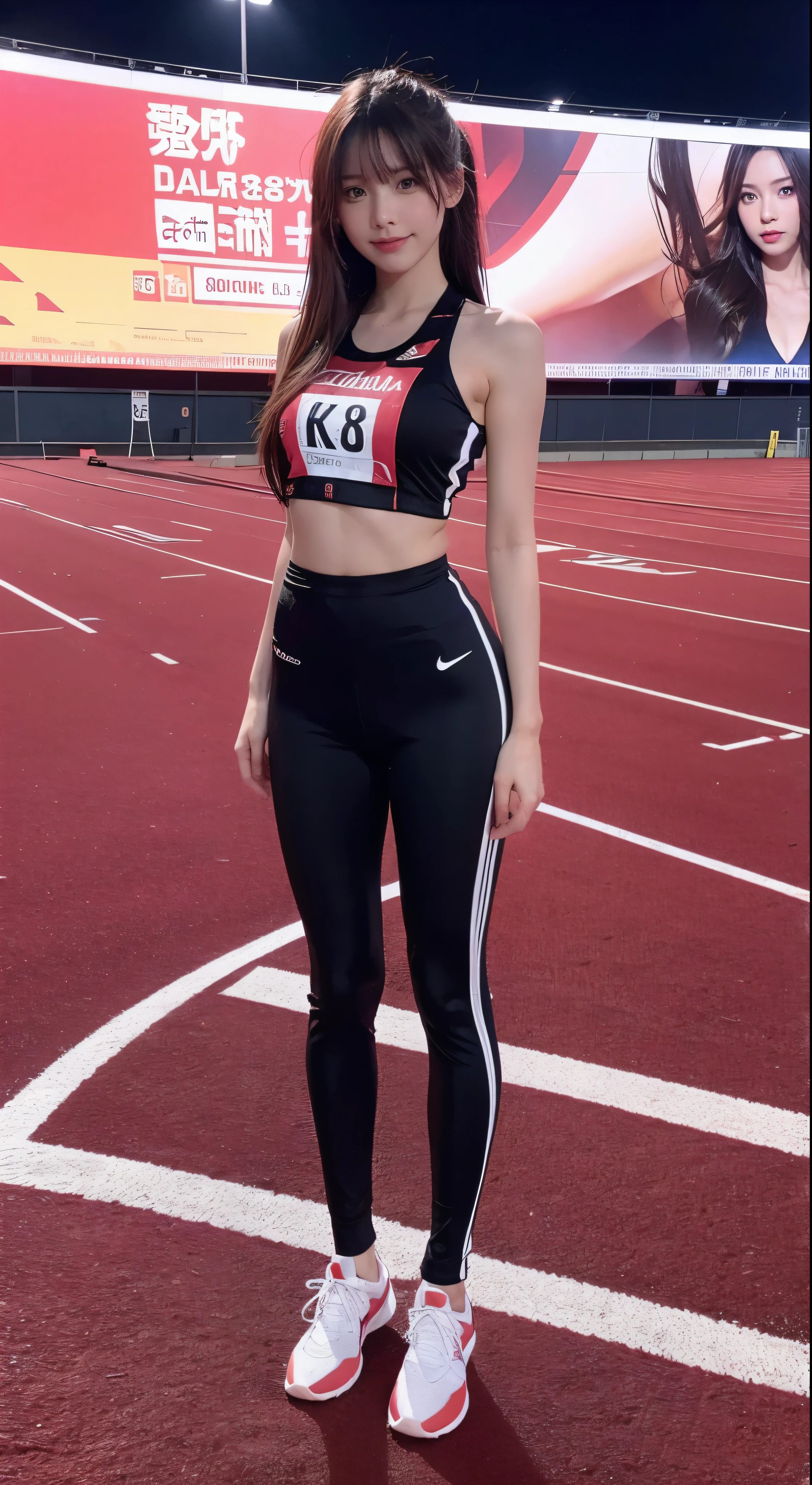 with high definition images，High-definition image of the Olympic Stadium，Long jumper，Olympian images，Standing in starting position　((Highest quality、8k、Masterpiece:1.3))、Full Body、Cheering from the audience、is nervous:1.4、Slender Abs:1.2、(Chestnut Hair:1.2))、Black tank top and leggings、The bib number is written in red on a white background.，Long jumper，Highly detailed athletics track、Facial details、Full body high quality images