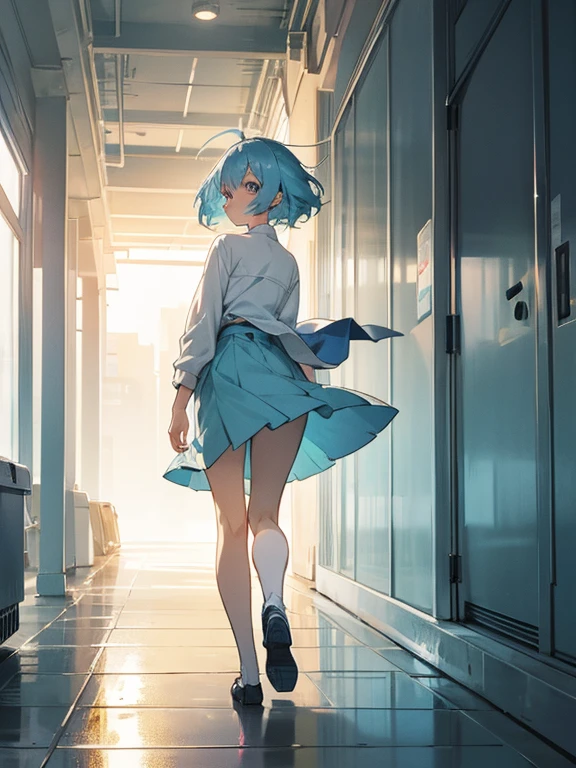 Anime girl short light blue hair walking pose on a humid day
