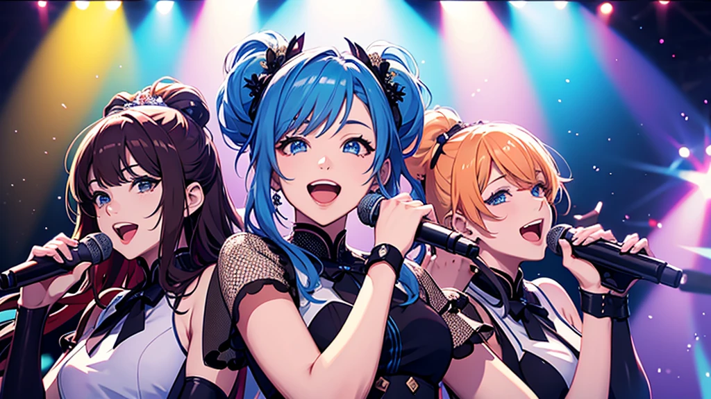 Idol group singing。on stage。A colorful world。Close-up of face。