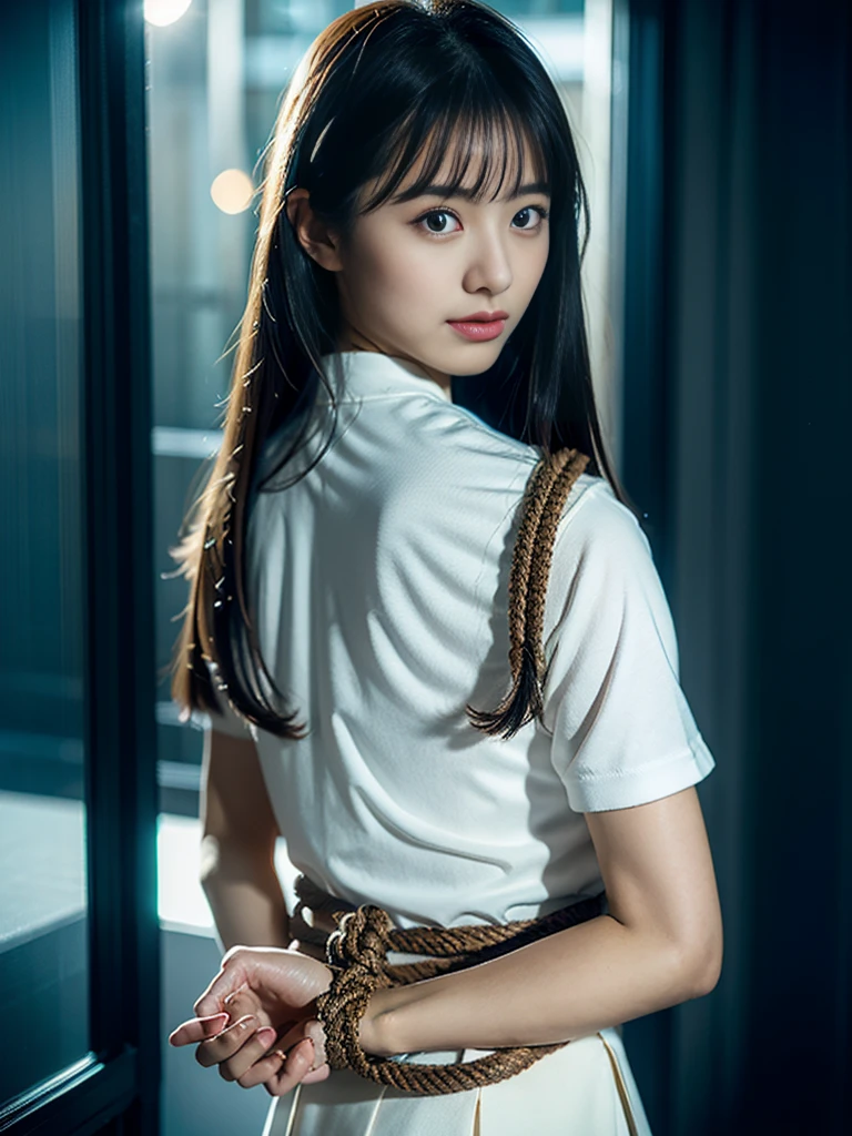 Kidnapped Woman、His hands are tied、((Place your hands behind your back))、((Place your hands together and cross them behind your back))、(((Her wrists are tied with rope)))、shibari、beauty、20age、university student、(anatomicaly, Has two arms and two hands)、In a hotel room with the lights on、Stand by the window、Outside the window is the night sky、There are many stars、Wearing a short-sleeved blouse、Wear a high school student-style miniskirt、Uniform eyes、Proportioned proportions、Small breasts、Small face、(I can see from head to heel), Black Hair, bangs, swept bangs, Straight hair, Nervous, Messy Hair, Floating hair, Cinema Lighting, tachi-e, First-person view, throw, From behind, F/1.2, Nikon, Surrealism, 超High resolution, Highest quality, High resolution, 8k, Textured skin, anatomicaly正しい体,