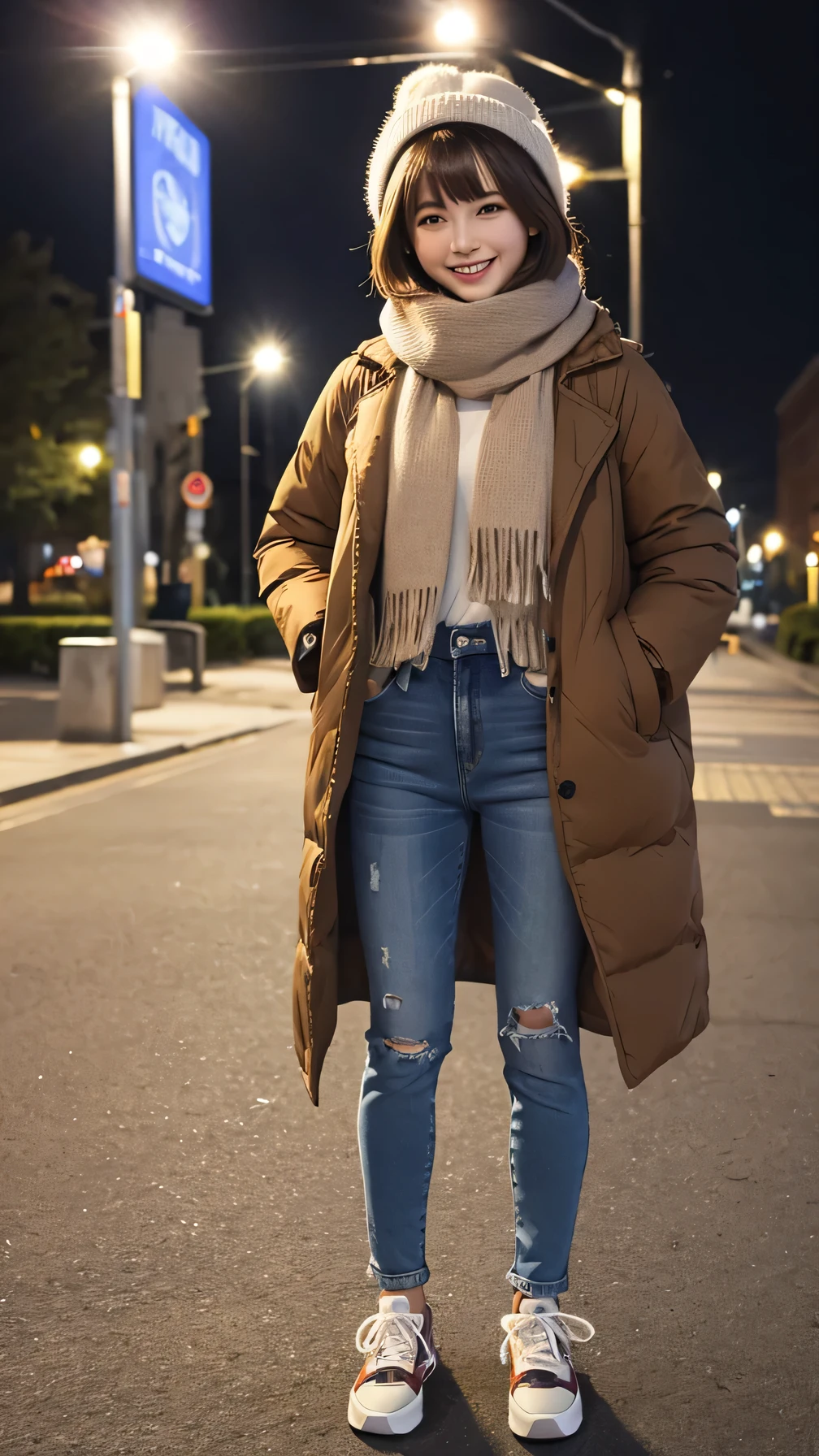 A woman wearing a down coat、Jeans and sneakers、Scarf around the neck、Full body photo、Are standing、Brown Hair、Short Haircut、、smile、Background is a park at night。.