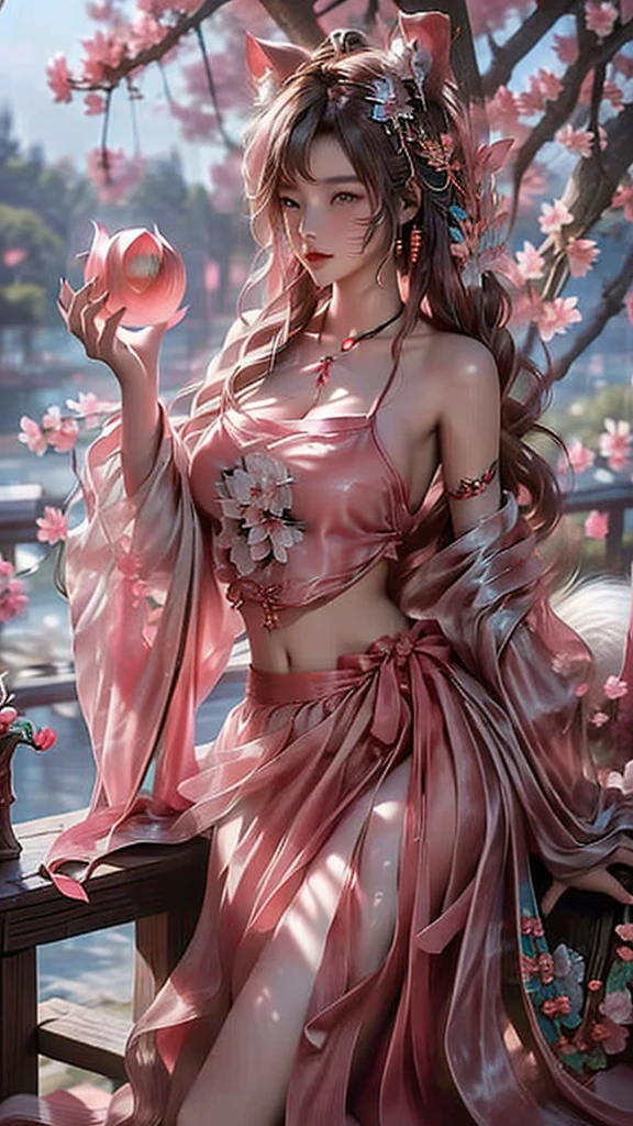 best quality,masterpiece,Ultra-high resolution,(photoactual:1.4),,Peach blossom tree(background),20 years old ,Peach Blossom Goddess(Japanese Girls),Long hair with a shawl,close eyes,Sexy body,Big breasts,Wearing a peach blossom strapless skirt,坐在Peach blossom tree上,Kissing a peach in hand,
