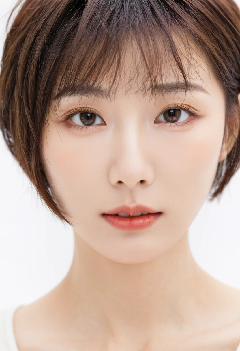 beautiful Japanese woman with short hair , white background