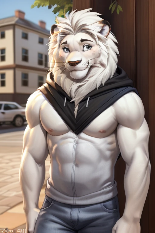 leo seibu lions, (lion tail:1.1), smile, (big eyes:1.1), white fur, white body, white mane, looking into the camera, (pose:1.3), (posing:1.3), (soft shading), 4k, hi res, ((detailed face, (black eyes), detailed)), by zackarry911, by zaush, (by personalami:0.5), looking at viewer, blush, nipples, male focus, cowboy shot, pants, hood, hoodie, abs, tank top, denim, jeans, bare pectorals,