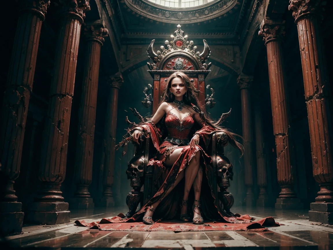 masterpiece, 8k, high resolution, best quality, ultra detailed), full body, Natalie Portman, 23, dressed up, emerges as a captivating figure in the middle of the Dark Temple. Their physical appearance tells a story of tragic transformation and decay, evoking both fascination and a sense of unease. The necromancer's young woman's face is marred by the relentless clutches of decay. skulls totems. voodoo magic sitting on her throne.
