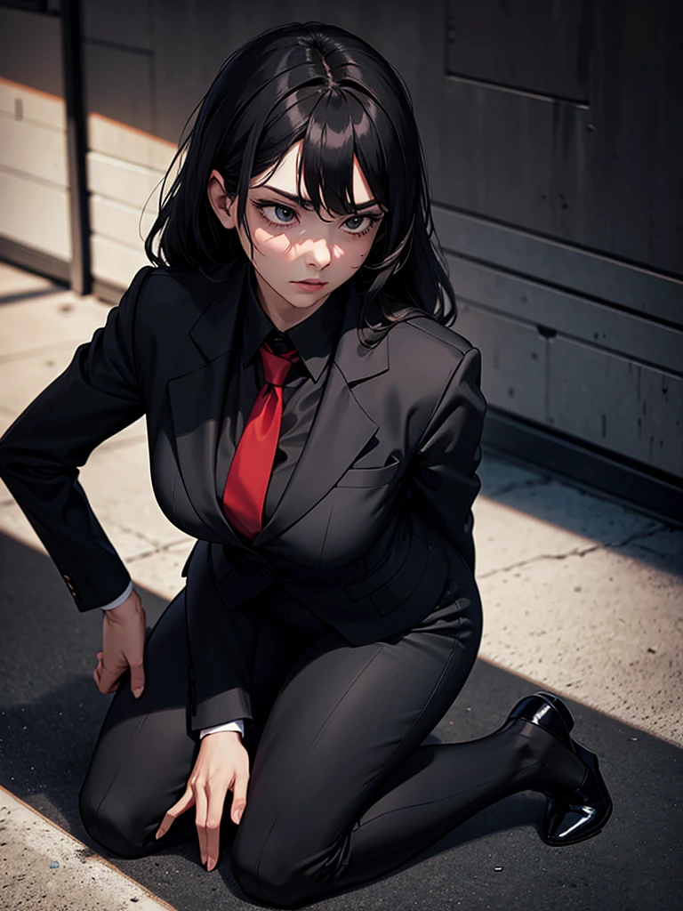 A woman. Black suit. Red tie. Kneeling on the floor. Wound. Cuts to the face.