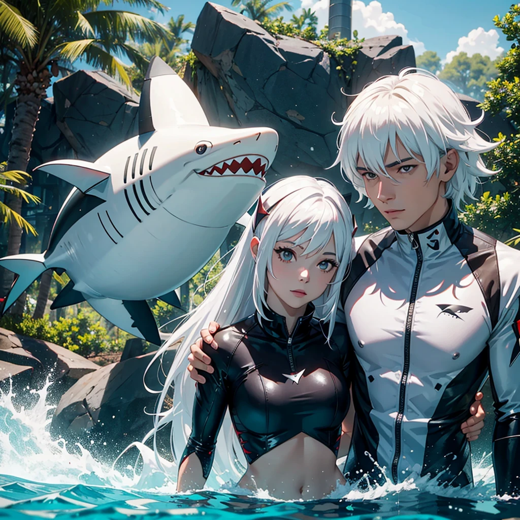 Shark man, squirrel woman, couple, white hair resort