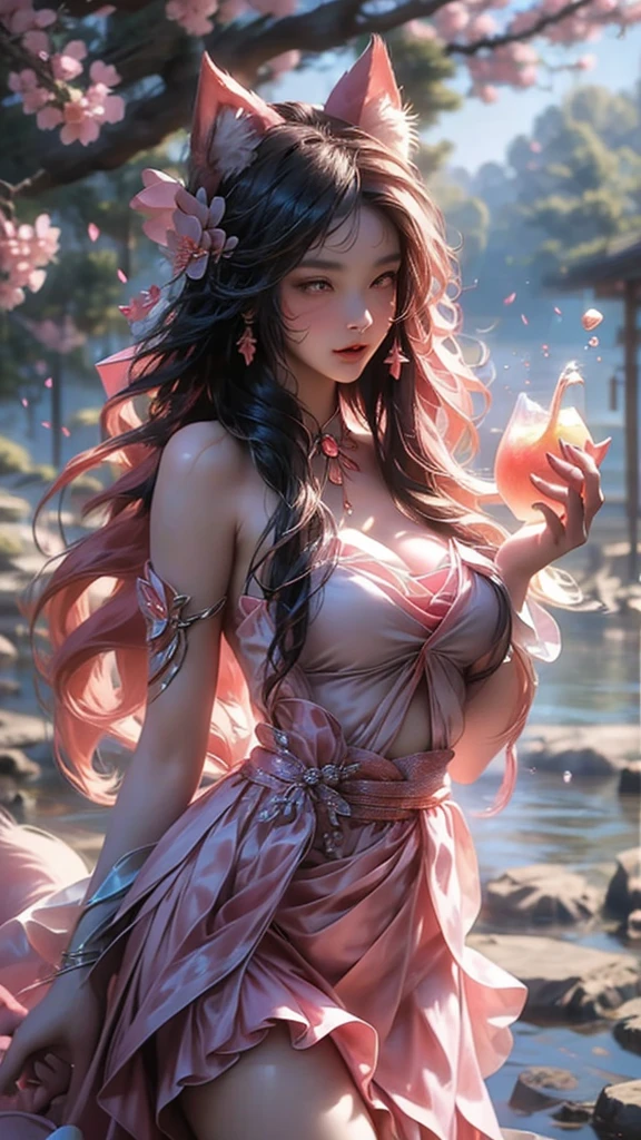 best quality,masterpiece,Ultra-high resolution,(photoactual:1.4),,Peach blossom tree（background）,20 years old ,Peach Blossom Goddess（Japanese Girls）,Long hair with a shawl,close eyes,Sexy body,Big breasts,Wearing a peach blossom strapless skirt,坐在Peach blossom tree上,Kissing a peach in hand,