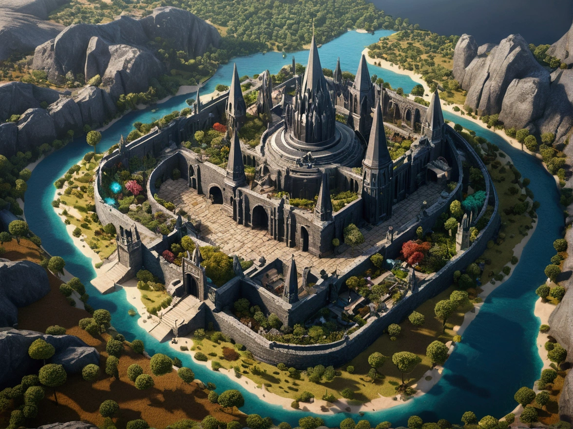 Aerial photography taken directly from a drone, Map of the continental misterioso pergaminho, (The great roots of black magic sprout from the West:1.2), (Magia Necrosa Negra No.:1.2), fire, ice and thunder, Dungeons&Dragons, Final Fantasy, Game Art, (Consistent architecture and interior design, Realistic proportions and textures, Intricate details, Hand-drawn, Vibrant, Cinema Lighting, Master Parts, 8k:1.2),world map,In the center of the map is the holy city,The surrounding area is dotted with villages and lakes.,A snow-capped mountain in the upper right corner々You can see,In the bottom right corner there is a desert