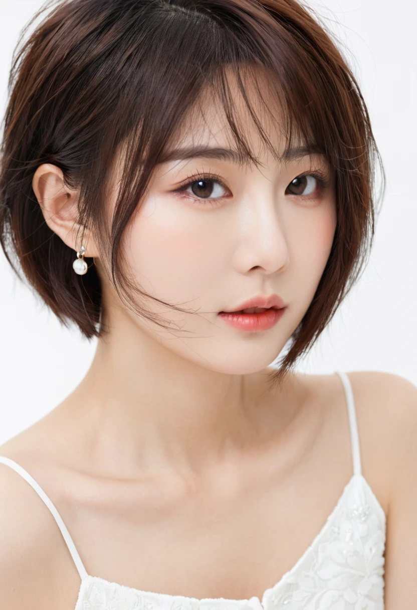 beautiful Japanese woman with short hair , white background
